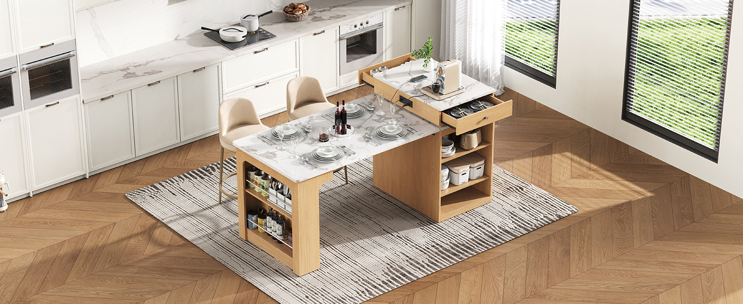 K&K 59.5"Kitchen Island with Extendable Dining Table, Kitchen Storage Table with Double-sided Storage, Kitchen Island with 2 Drawers, Power Outlet, Side Open Shelves, for Kitchen, Dining Room, Natural - Image 3