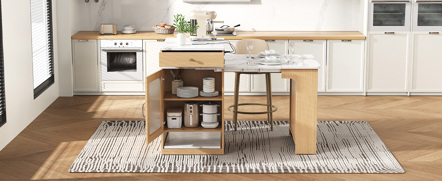 K&K 59.5"Kitchen Island with Extendable Dining Table, Kitchen Storage Table with Double-sided Storage, Kitchen Island with 2 Drawers, Power Outlet, Side Open Shelves, for Kitchen, Dining Room, Natural - Image 5