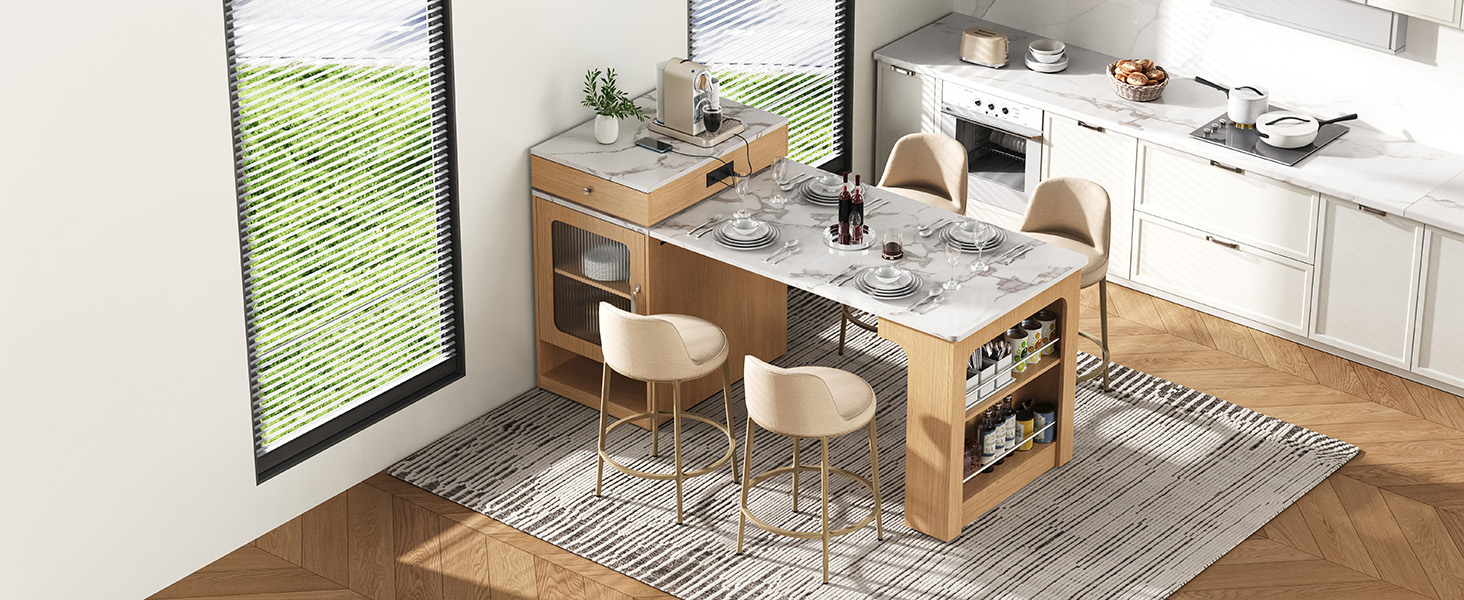 K&K 59.5"Kitchen Island with Extendable Dining Table, Kitchen Storage Table with Double-sided Storage, Kitchen Island with 2 Drawers, Power Outlet, Side Open Shelves, for Kitchen, Dining Room, Natural - Image 6