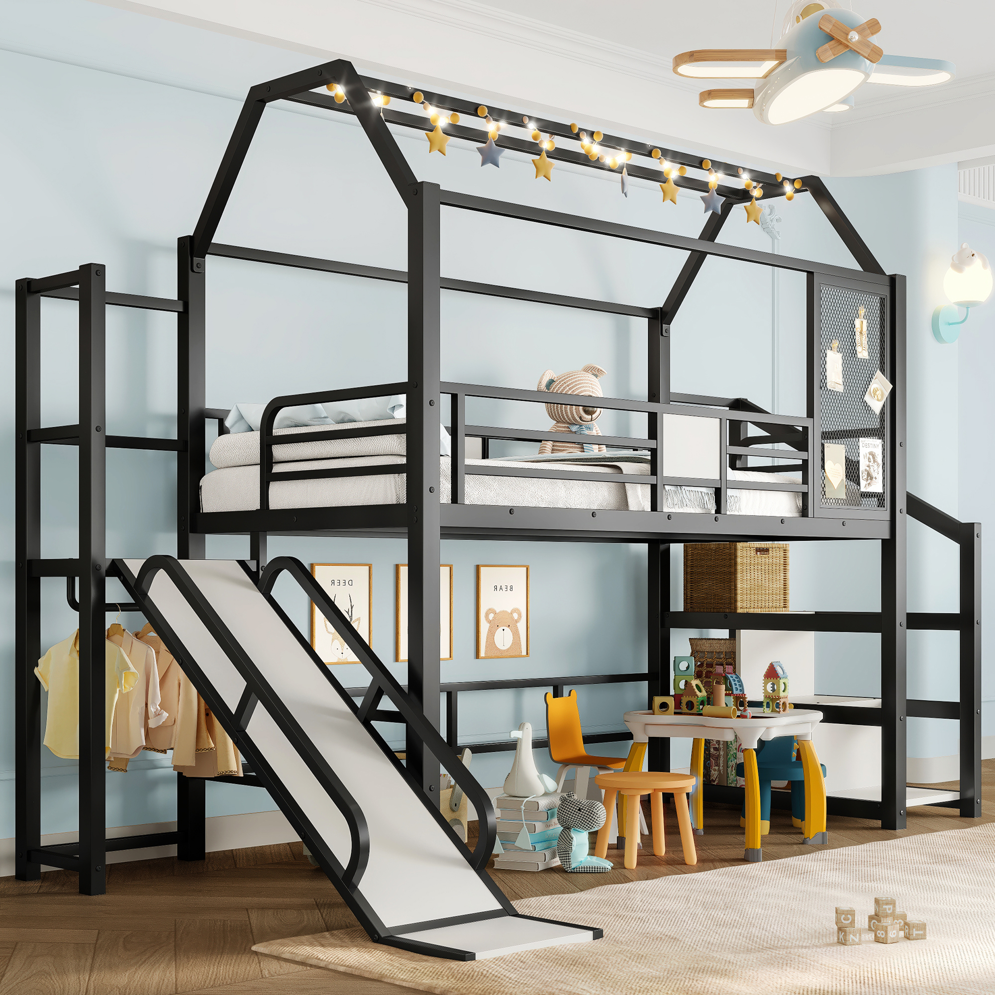 Twin House Loft bed with Slide and Stairs, Metal Playhouse Bed with Storage Shelves, House-shaped Roof and Noise-free Design, Black - Image 1