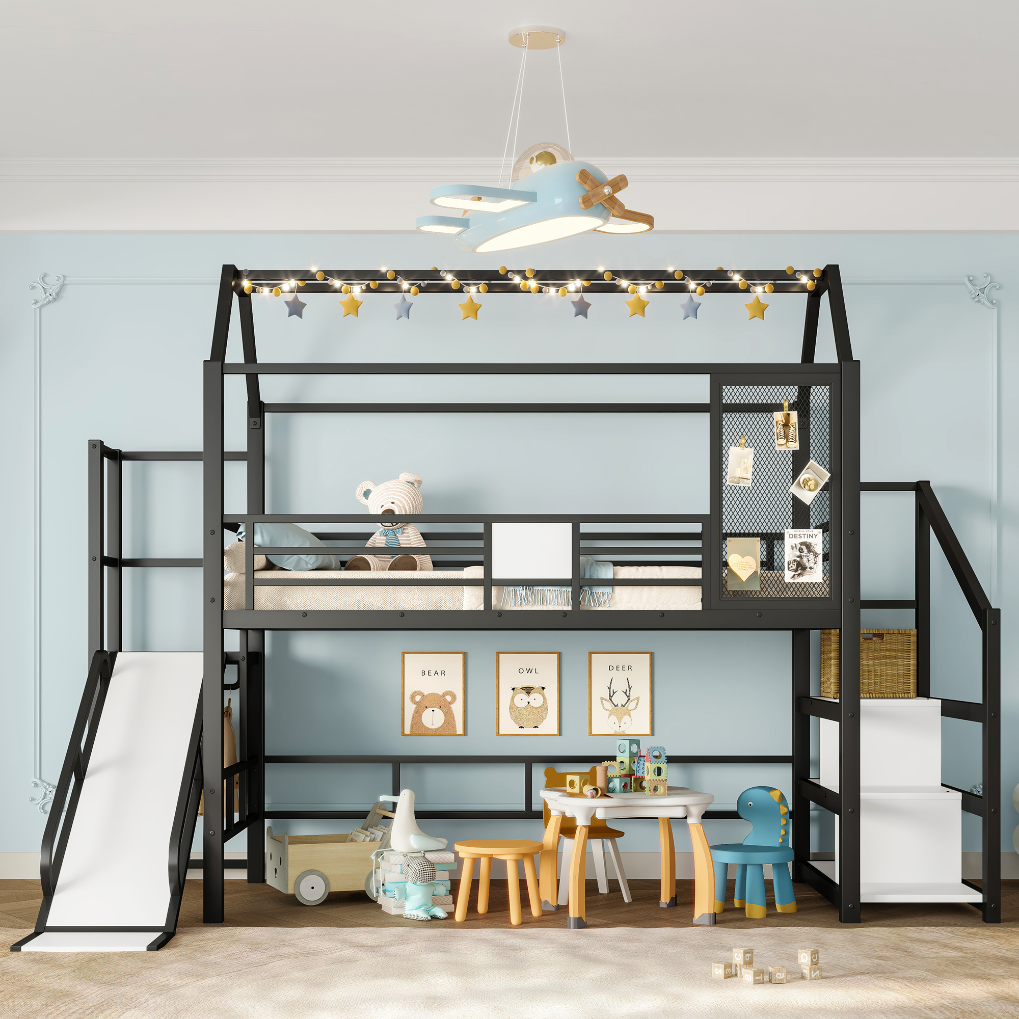 Twin House Loft bed with Slide and Stairs, Metal Playhouse Bed with Storage Shelves, House-shaped Roof and Noise-free Design, Black - Image 2