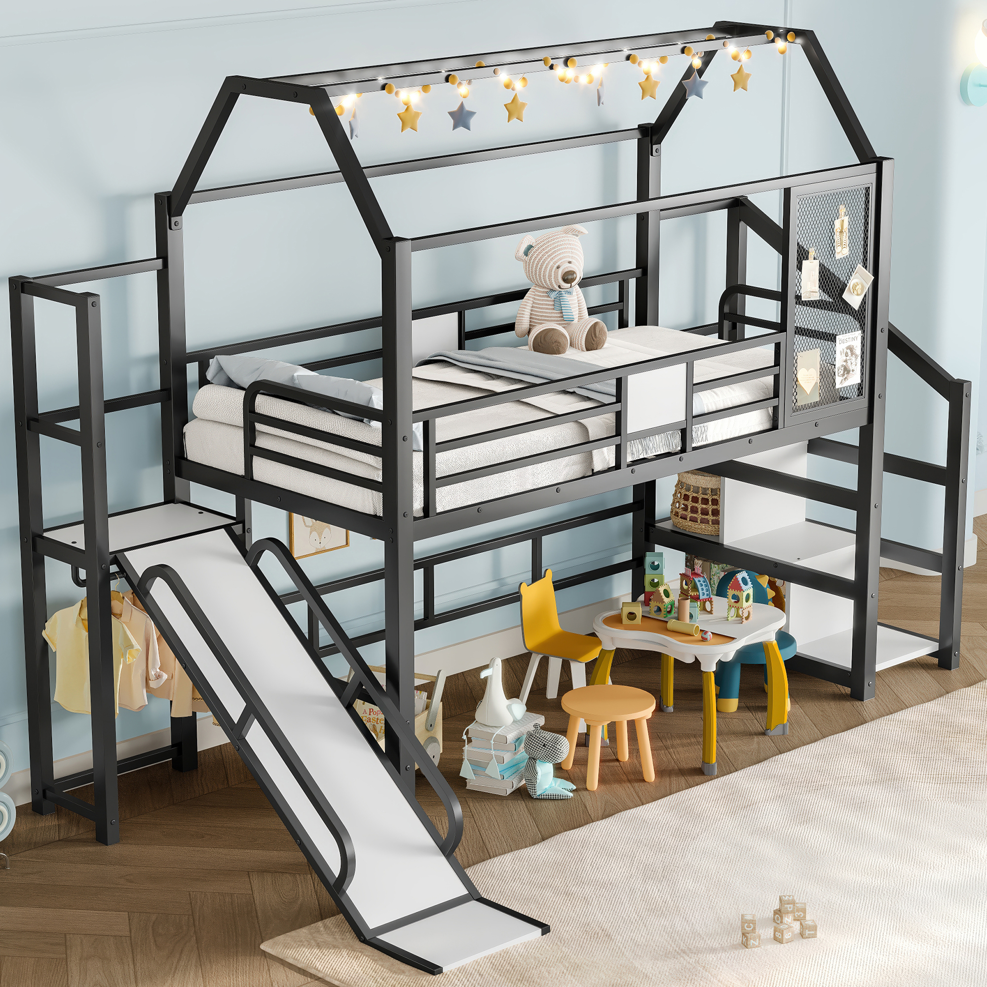 Twin House Loft bed with Slide and Stairs, Metal Playhouse Bed with Storage Shelves, House-shaped Roof and Noise-free Design, Black - Image 3
