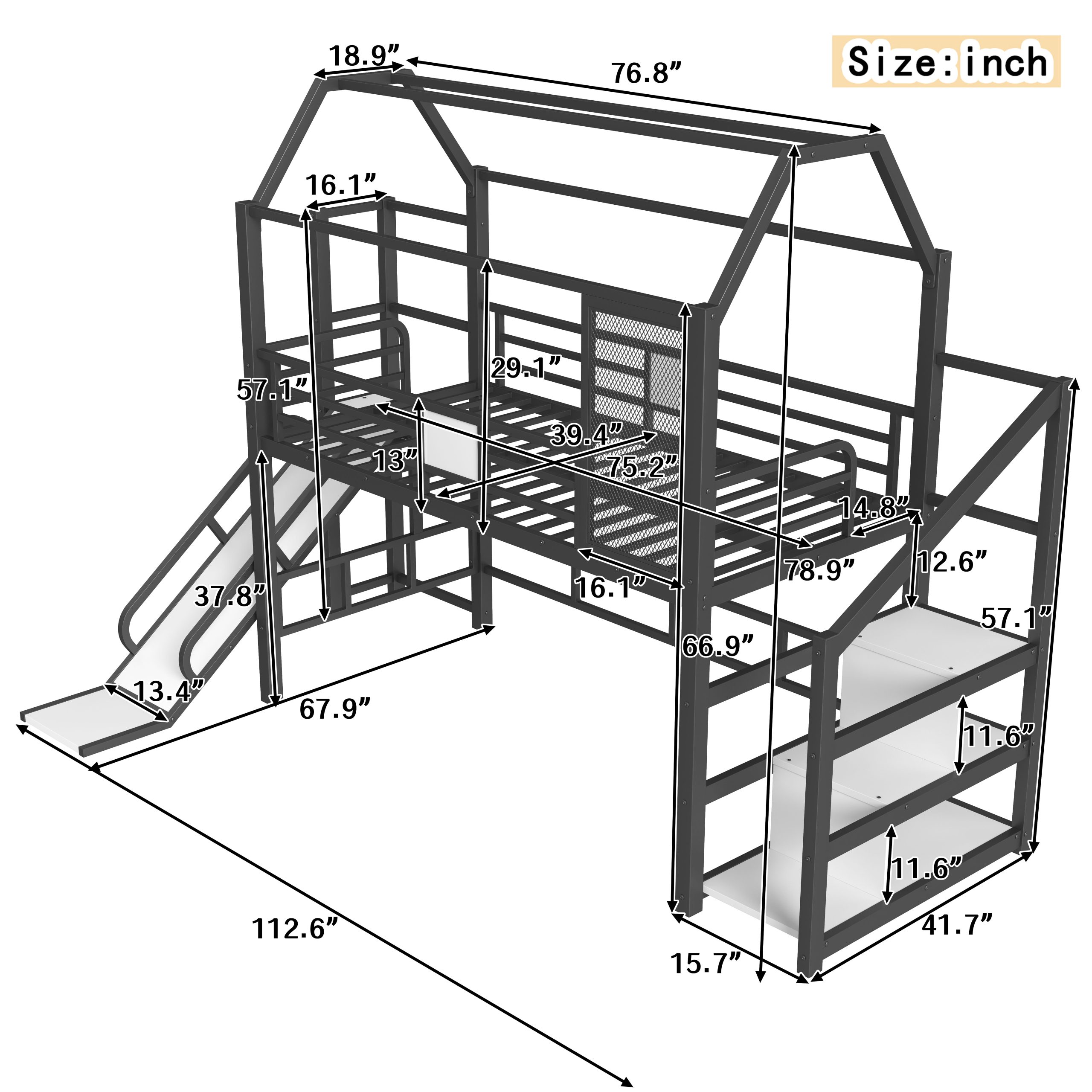 Twin House Loft bed with Slide and Stairs, Metal Playhouse Bed with Storage Shelves, House-shaped Roof and Noise-free Design, Black - Image 4