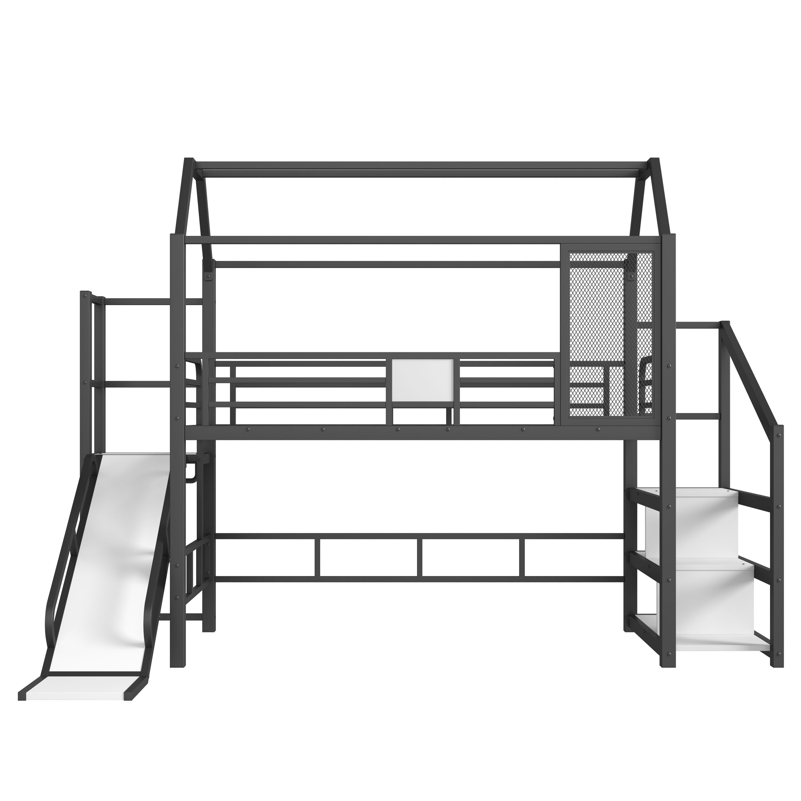 Twin House Loft bed with Slide and Stairs, Metal Playhouse Bed with Storage Shelves, House-shaped Roof and Noise-free Design, Black - Image 5
