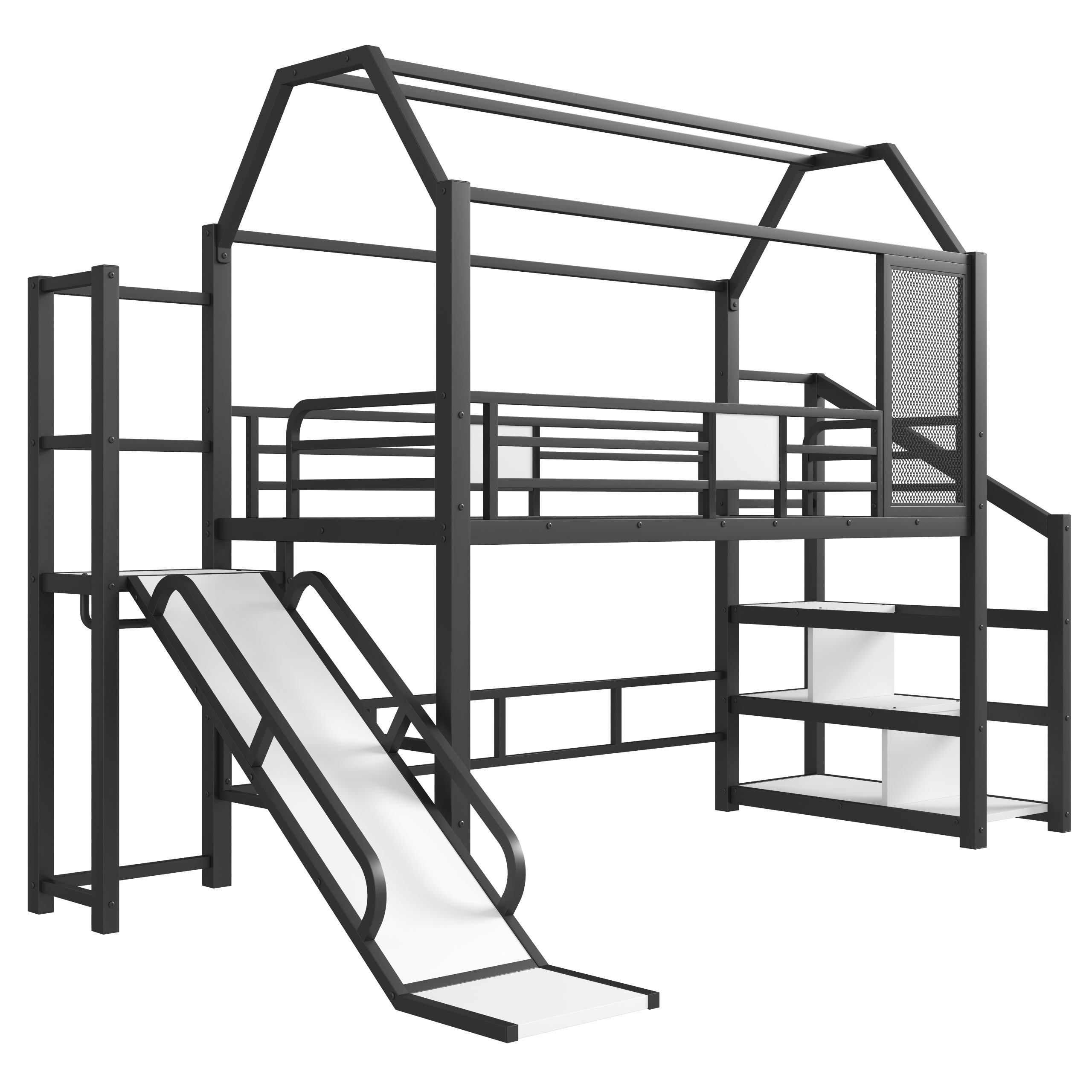Twin House Loft bed with Slide and Stairs, Metal Playhouse Bed with Storage Shelves, House-shaped Roof and Noise-free Design, Black - Image 6