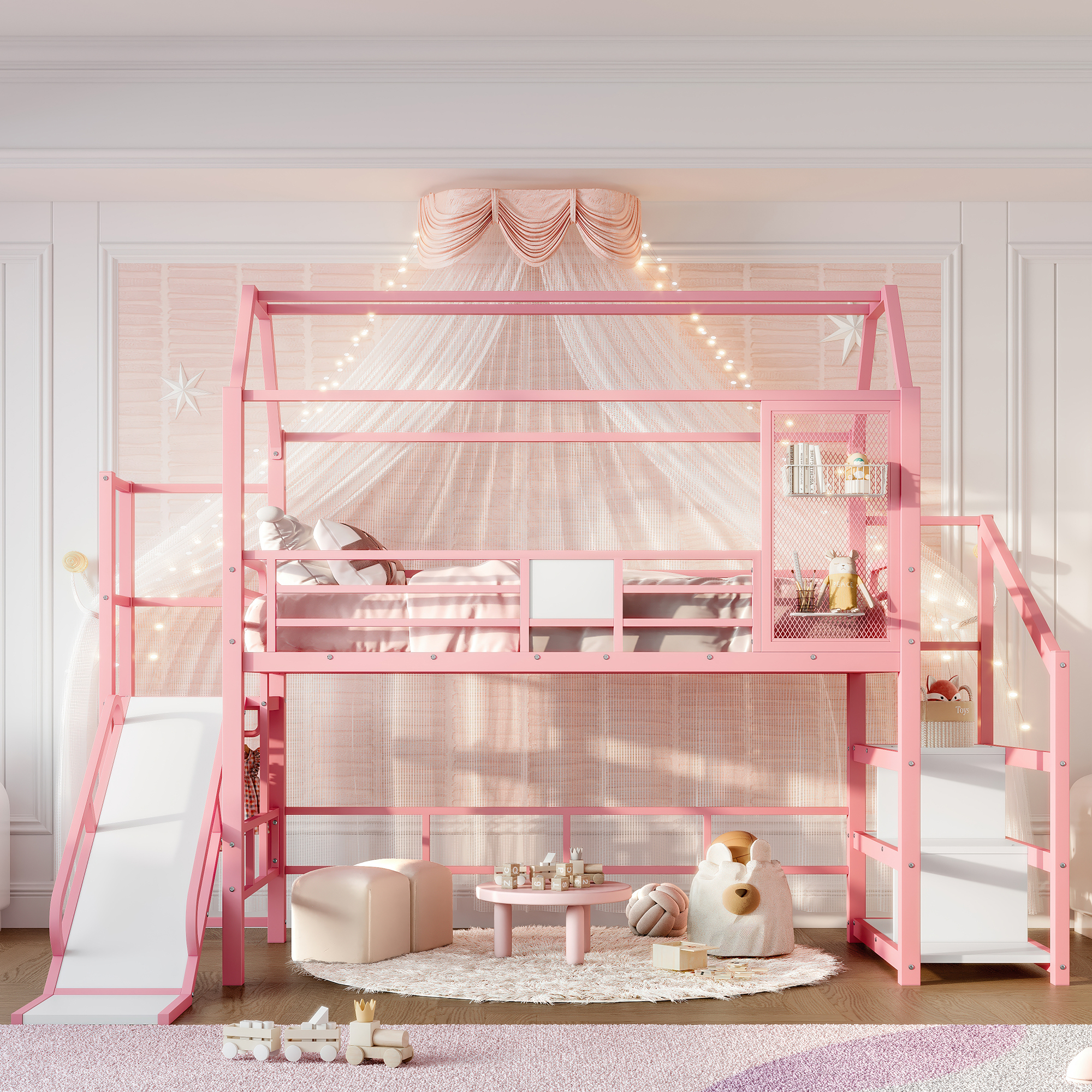 Twin House Loft bed with Slide and Stairs, Metal Playhouse Bed with Storage Shelves, House-shaped Roof and Noise-free Design, Pink - Image 2