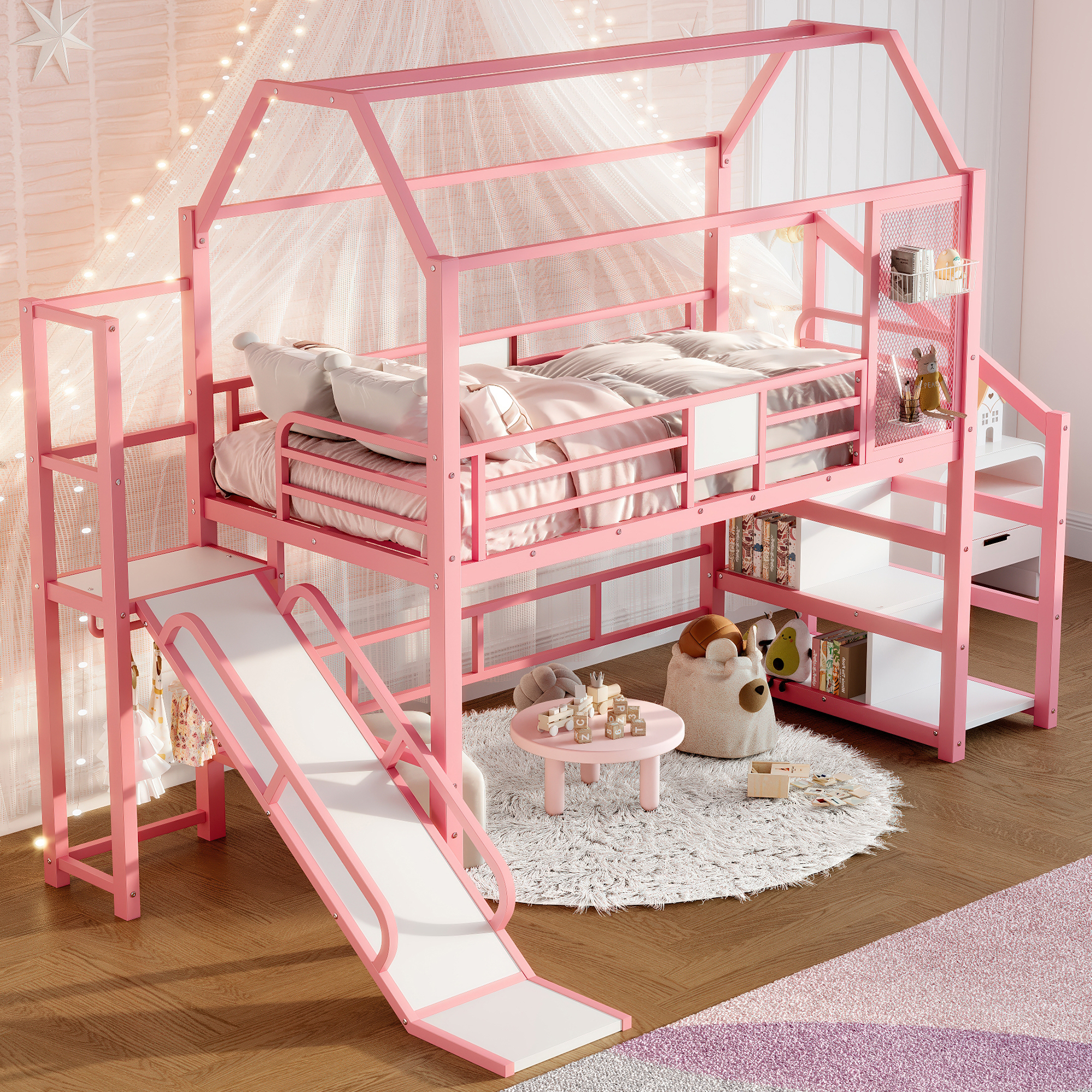 Twin House Loft bed with Slide and Stairs, Metal Playhouse Bed with Storage Shelves, House-shaped Roof and Noise-free Design, Pink - Image 3