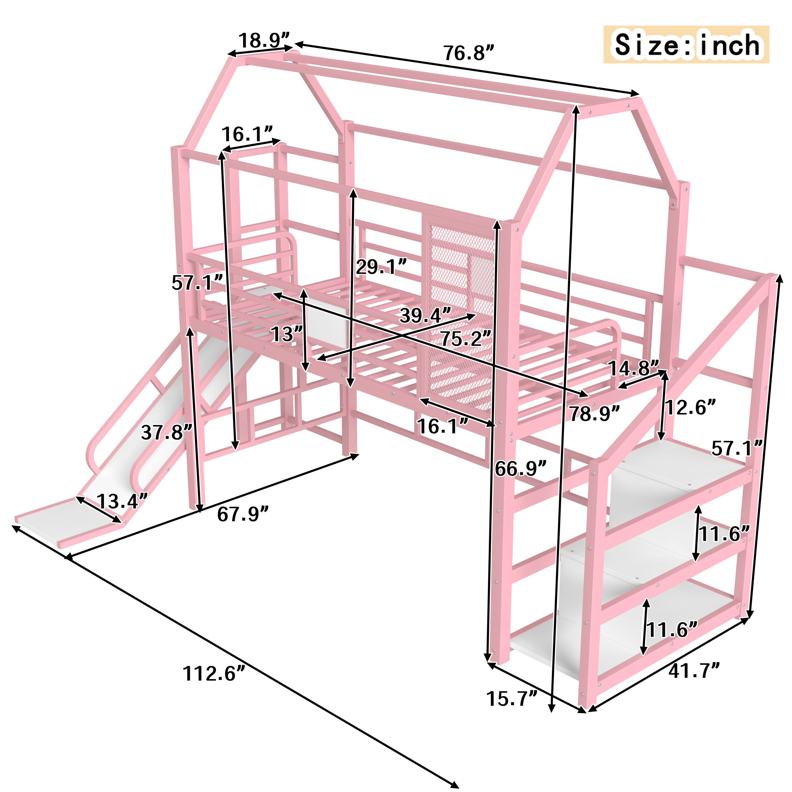 Twin House Loft bed with Slide and Stairs, Metal Playhouse Bed with Storage Shelves, House-shaped Roof and Noise-free Design, Pink - Image 4
