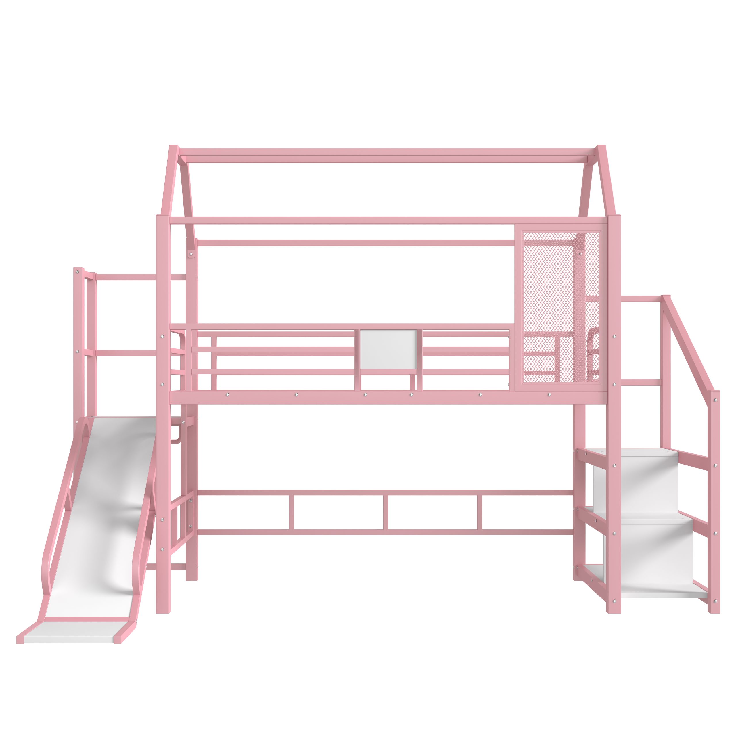 Twin House Loft bed with Slide and Stairs, Metal Playhouse Bed with Storage Shelves, House-shaped Roof and Noise-free Design, Pink - Image 5