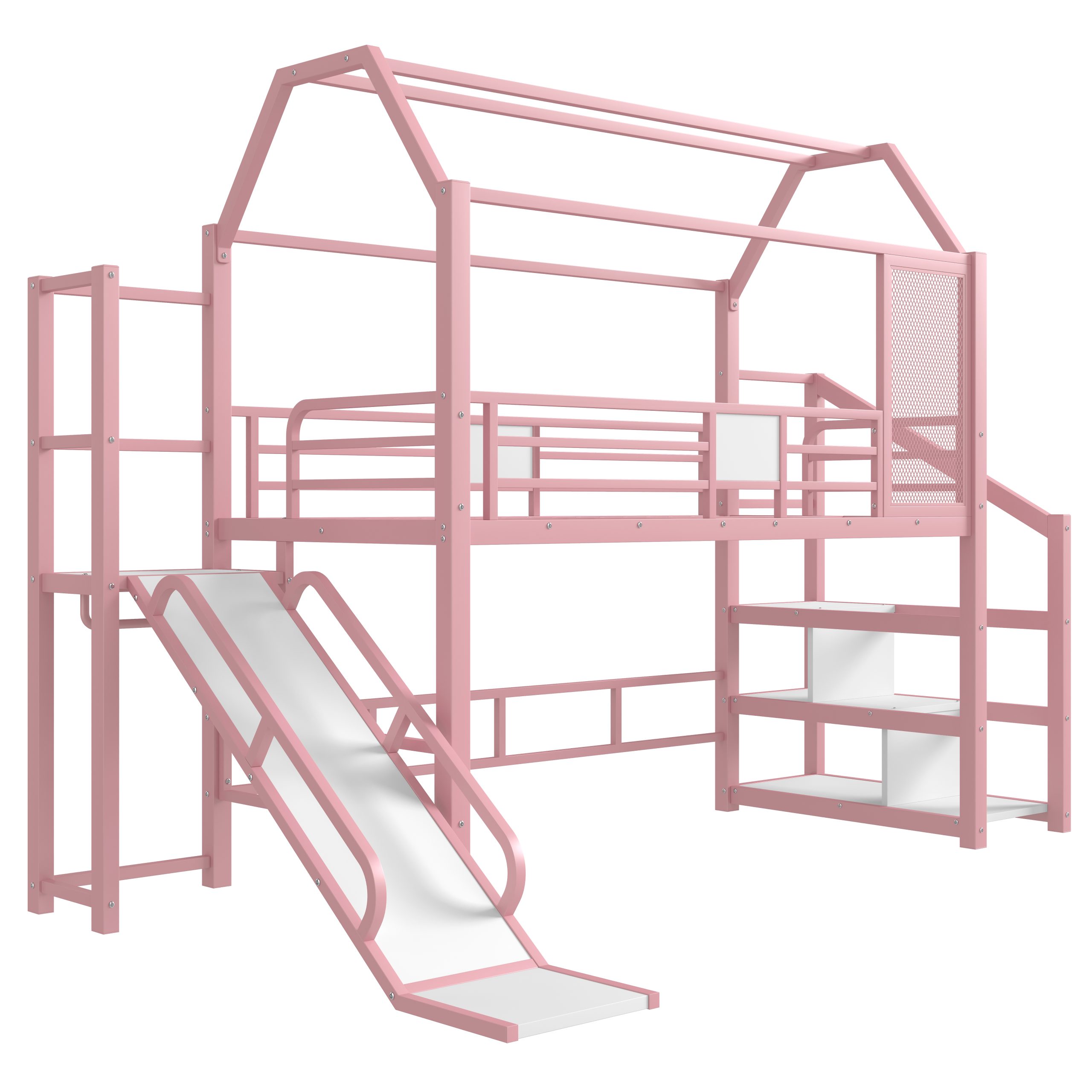 Twin House Loft bed with Slide and Stairs, Metal Playhouse Bed with Storage Shelves, House-shaped Roof and Noise-free Design, Pink - Image 6