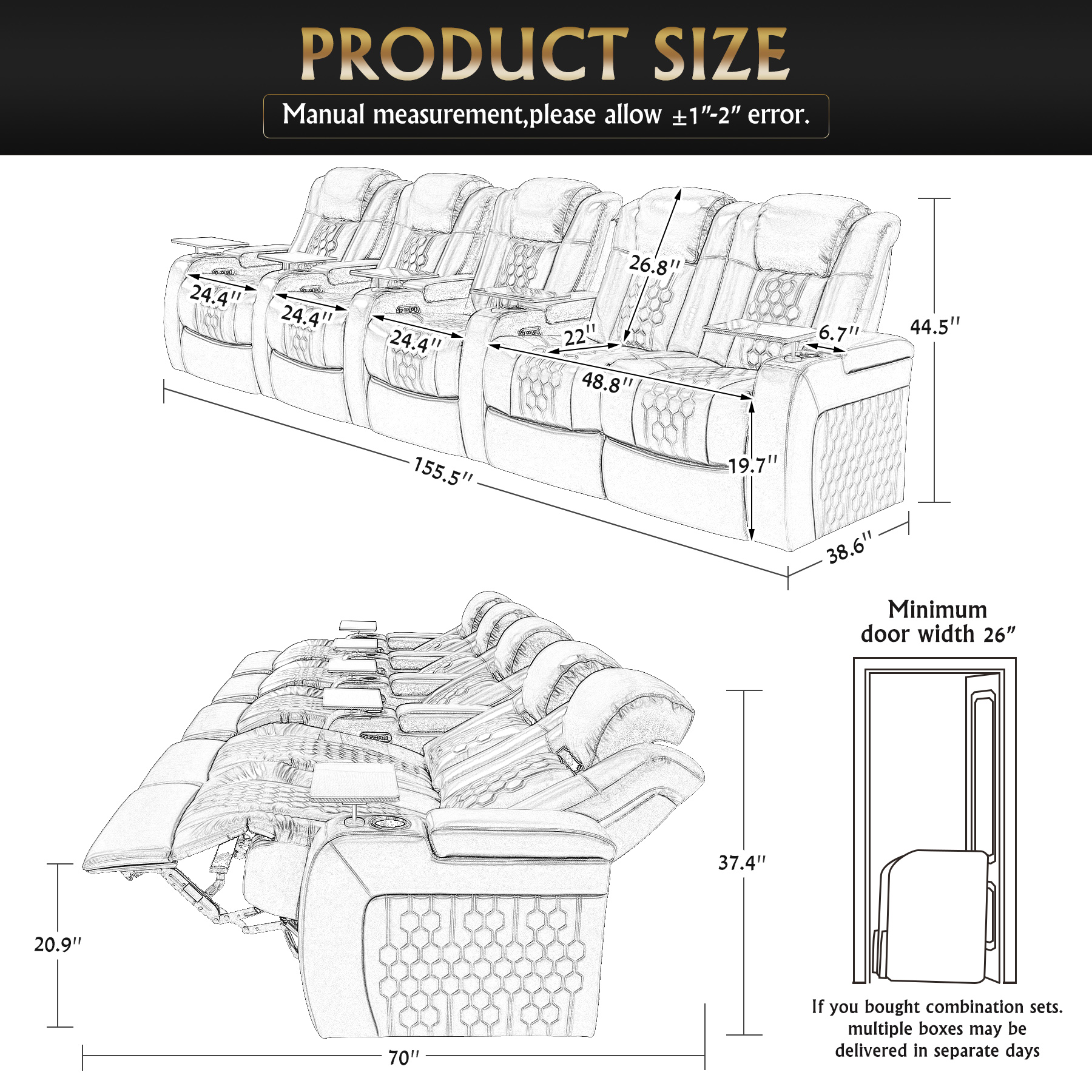 155.5"Power Recliner 5 PC Made WithTop-Grain Nappa,Fully Adjustable Relaxation,Smart Charging,Dynamic RGB LED Lighting,COFFEE - Image 3