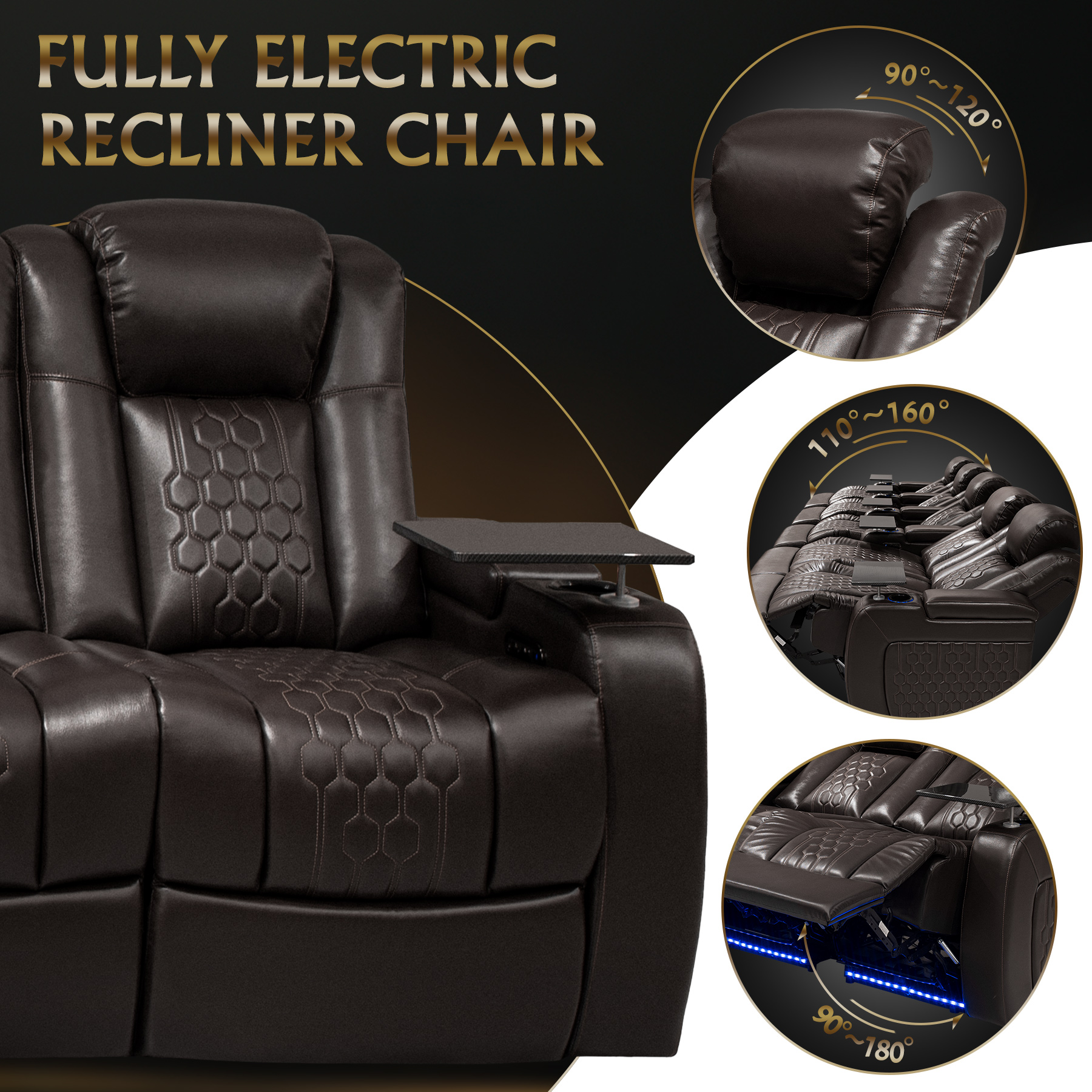 155.5"Power Recliner 5 PC Made WithTop-Grain Nappa,Fully Adjustable Relaxation,Smart Charging,Dynamic RGB LED Lighting,COFFEE - Image 4
