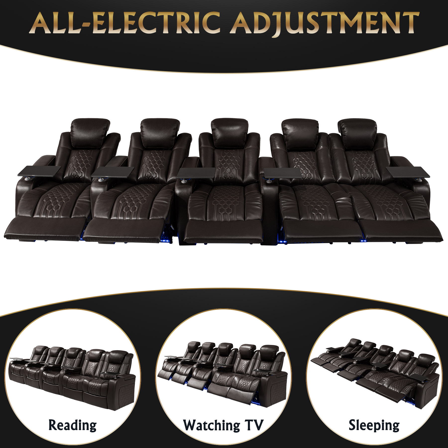155.5"Power Recliner 5 PC Made WithTop-Grain Nappa,Fully Adjustable Relaxation,Smart Charging,Dynamic RGB LED Lighting,COFFEE - Image 5
