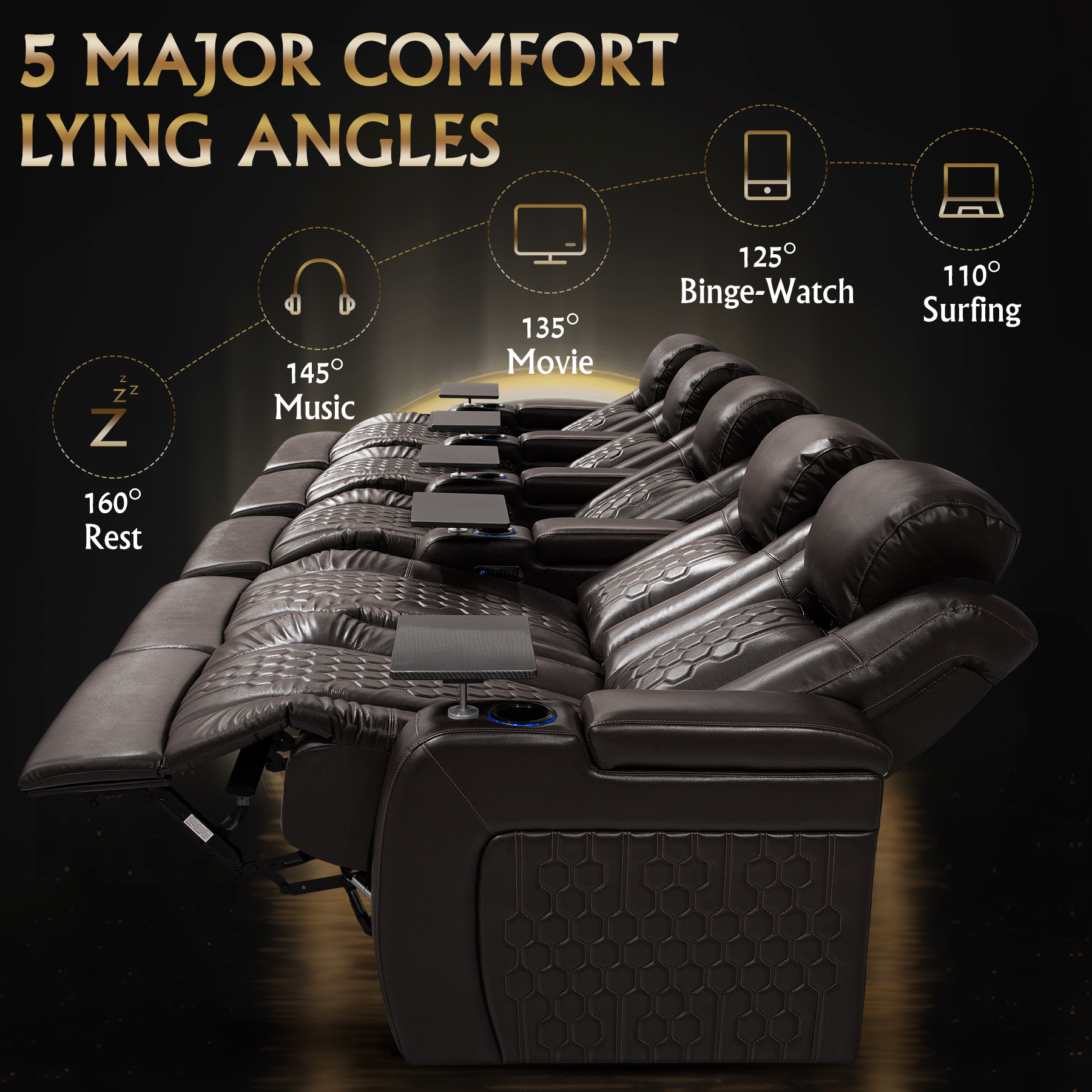 155.5"Power Recliner 5 PC Made WithTop-Grain Nappa,Fully Adjustable Relaxation,Smart Charging,Dynamic RGB LED Lighting,COFFEE - Image 6