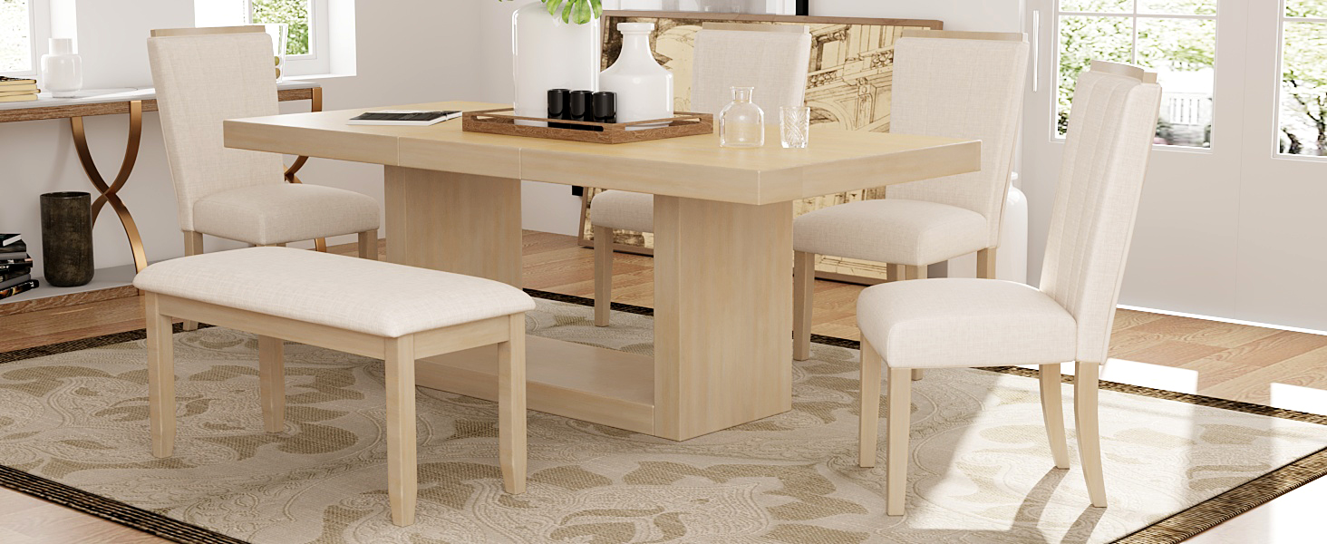 TOPMAX Contemporary 6-Piece 78inch Extendable Pedestal Dining Table Set with 18inch Removable Leaf and Dining Bench, 4 Upholstered Dining Chairs, Natural(OLD SKU:SP000054AAA) - Image 3
