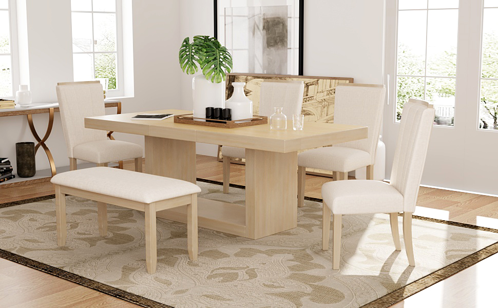 TOPMAX Contemporary 6-Piece 78inch Extendable Pedestal Dining Table Set with 18inch Removable Leaf and Dining Bench, 4 Upholstered Dining Chairs, Natural(OLD SKU:SP000054AAA) - Image 4