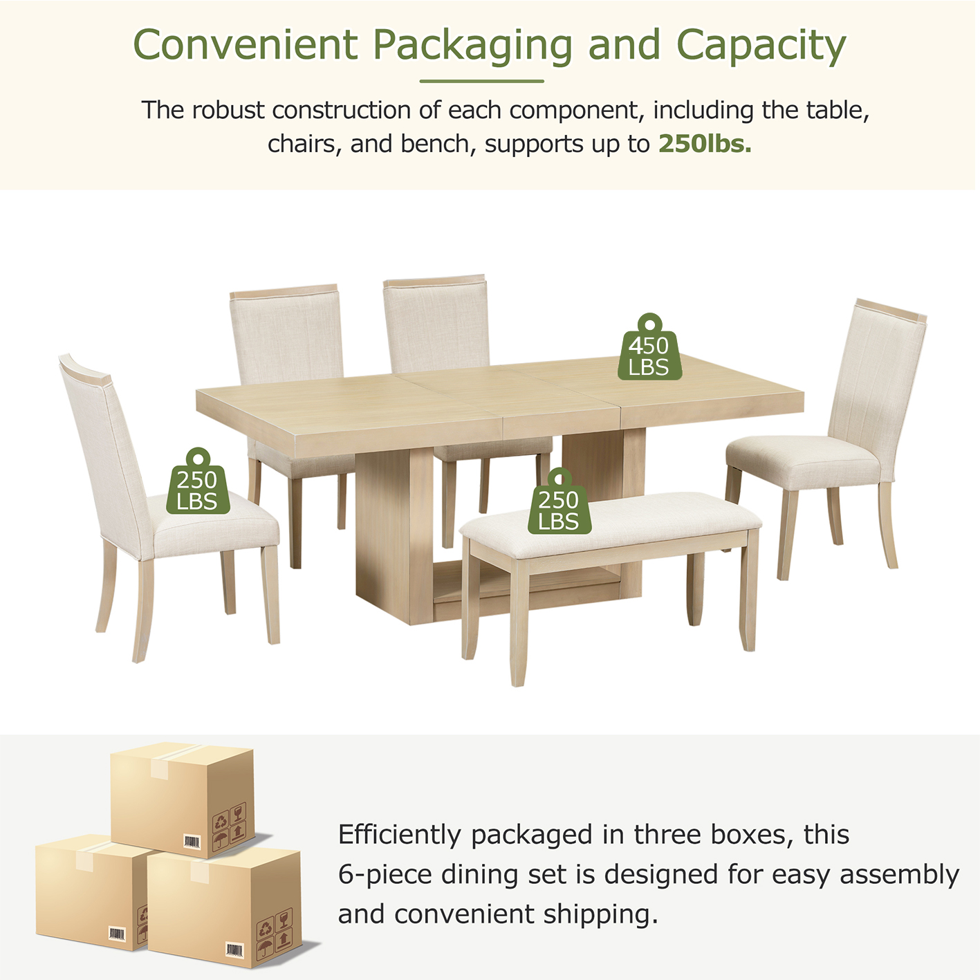 TOPMAX Contemporary 6-Piece 78inch Extendable Pedestal Dining Table Set with 18inch Removable Leaf and Dining Bench, 4 Upholstered Dining Chairs, Natural(OLD SKU:SP000054AAA) - Image 5