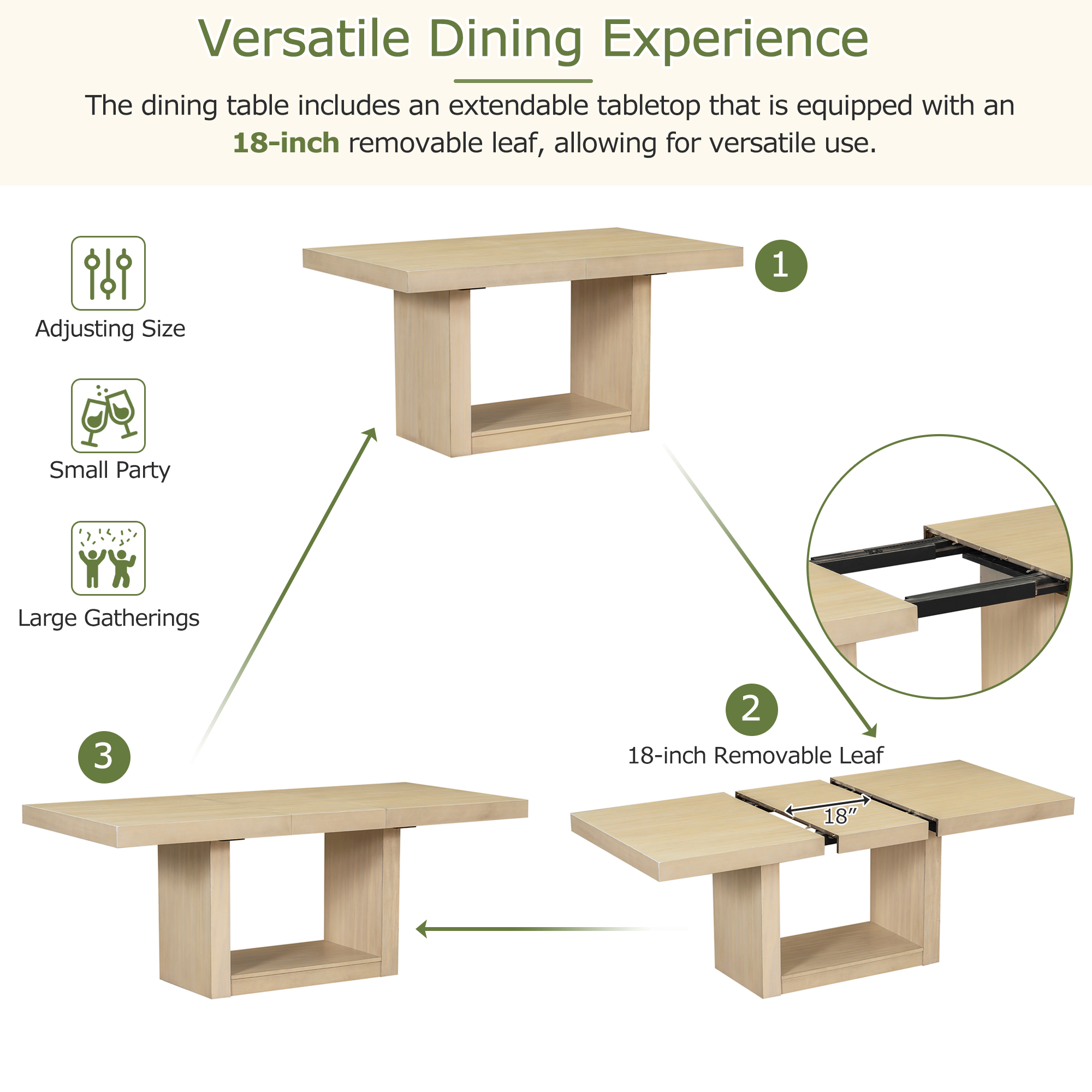 TOPMAX Contemporary 6-Piece 78inch Extendable Pedestal Dining Table Set with 18inch Removable Leaf and Dining Bench, 4 Upholstered Dining Chairs, Natural(OLD SKU:SP000054AAA) - Image 6