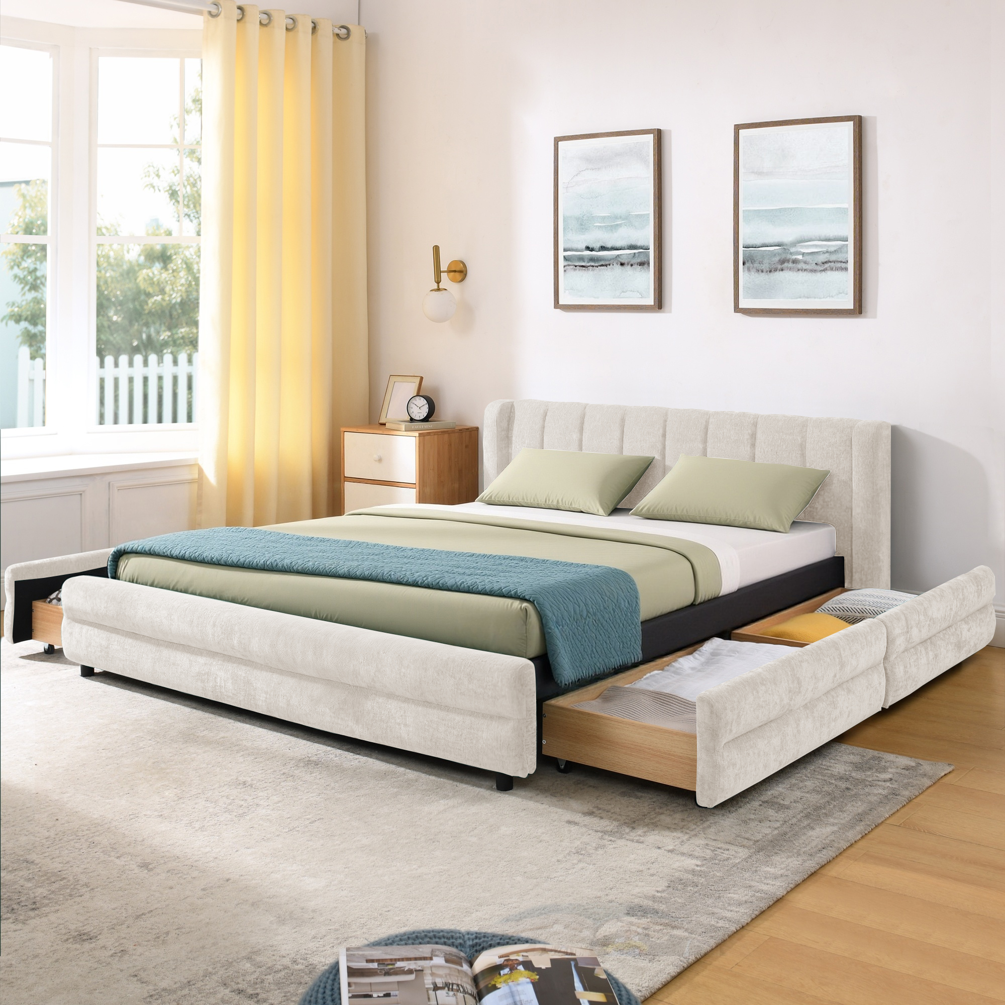 Queen Size Upholstered Bed Frame with Thick Fabric, comfortable upholstered bed frame, Chenille fabric, with headboard and solid bed frame. With drawer for storage-Beige(86”*68.5”*67”)