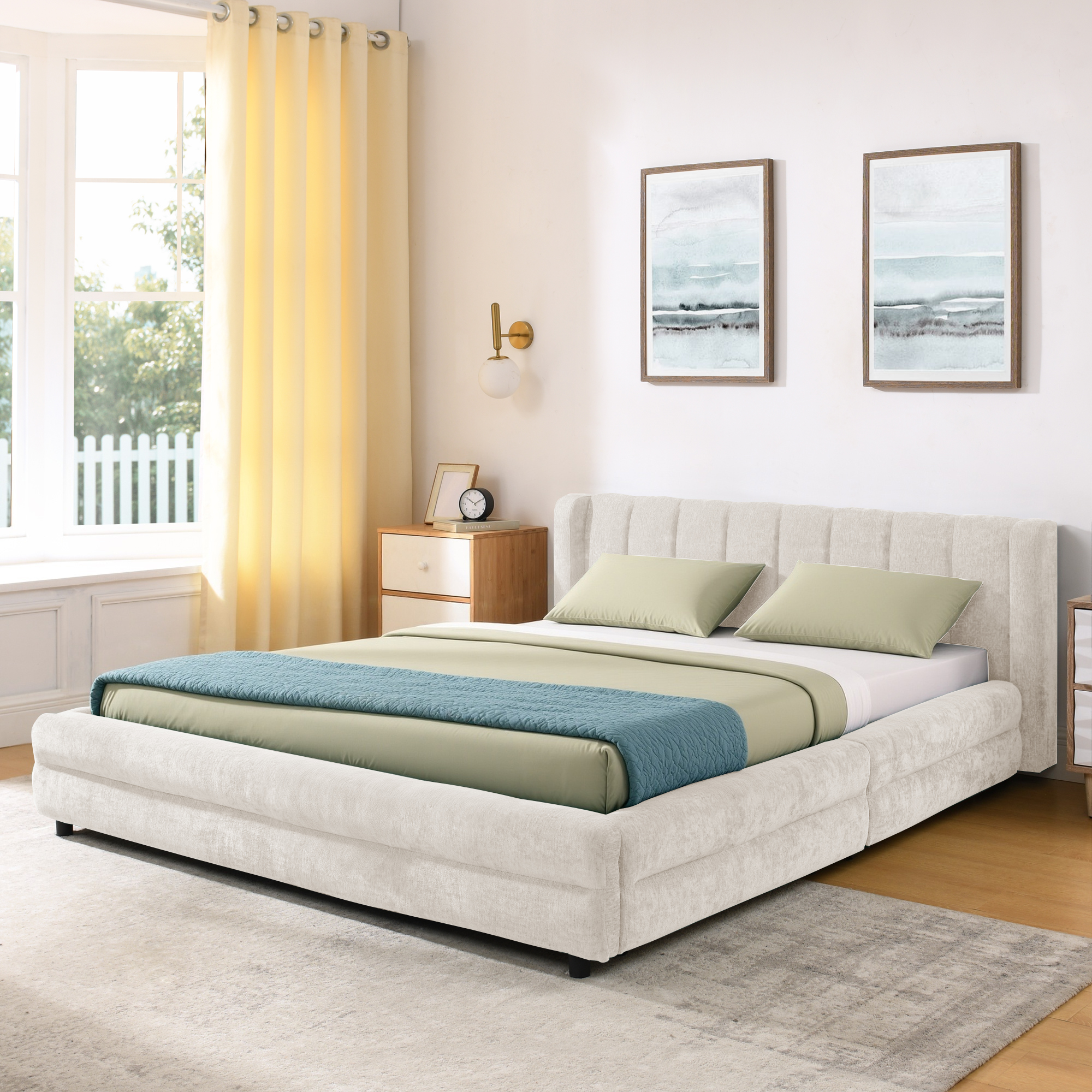 Queen Size Upholstered Bed Frame with Thick Fabric, comfortable upholstered bed frame, Chenille fabric, with headboard and solid bed frame. With drawer for storage-Beige(86''*68.5''*67'') - Image 2