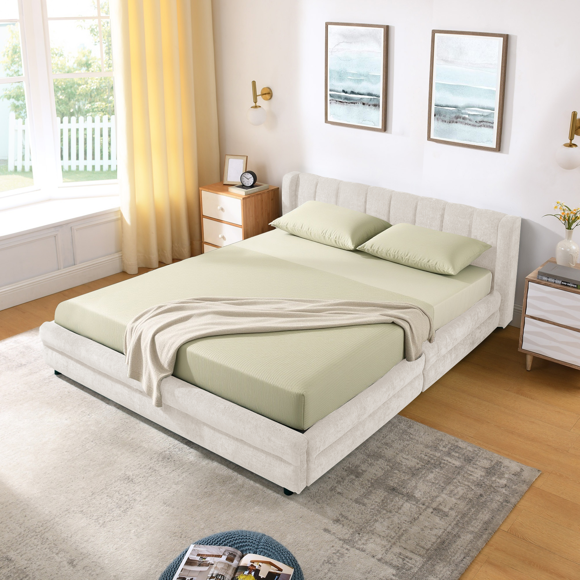 Queen Size Upholstered Bed Frame with Thick Fabric, comfortable upholstered bed frame, Chenille fabric, with headboard and solid bed frame. With drawer for storage-Beige(86''*68.5''*67'') - Image 3