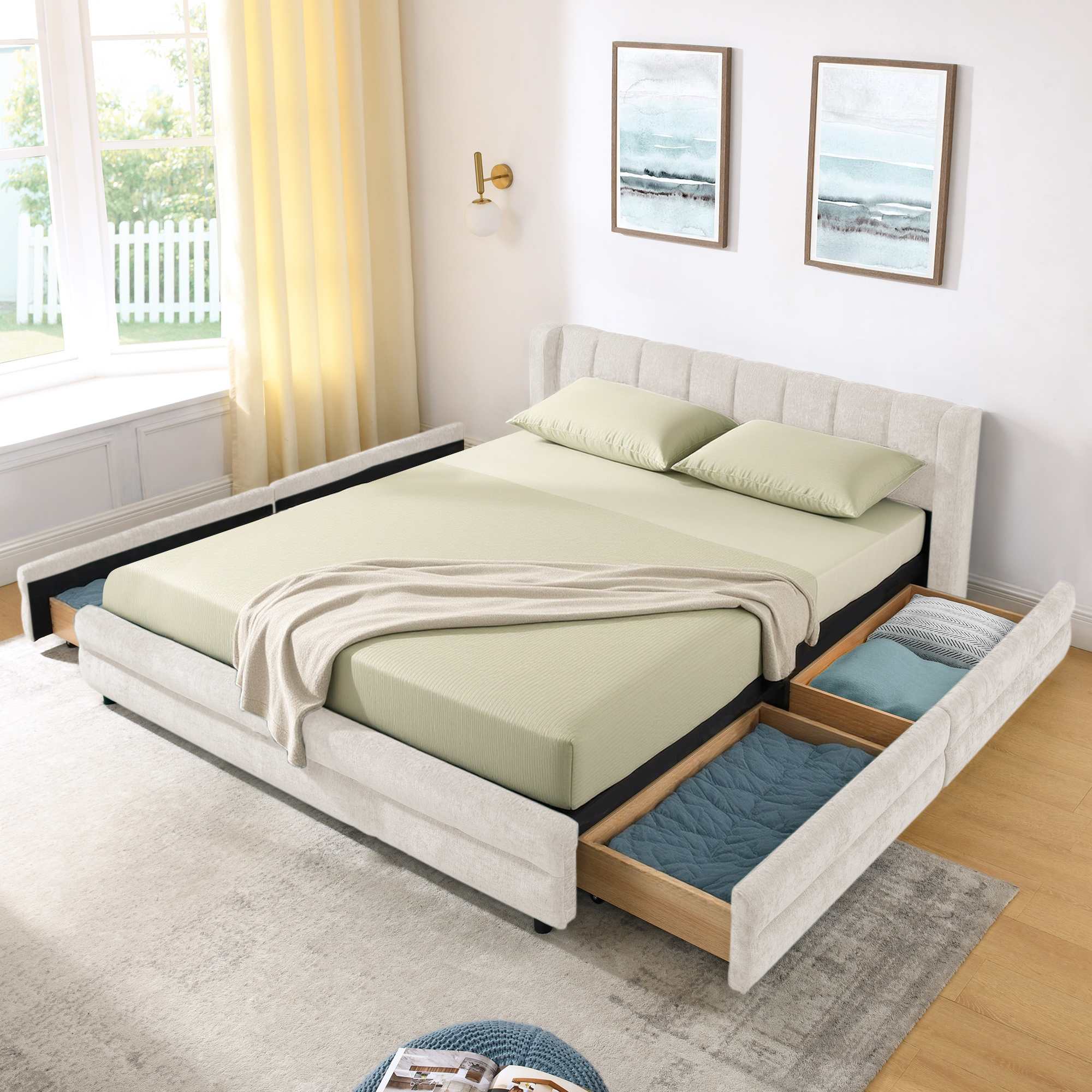 Queen Size Upholstered Bed Frame with Thick Fabric, comfortable upholstered bed frame, Chenille fabric, with headboard and solid bed frame. With drawer for storage-Beige(86''*68.5''*67'') - Image 4