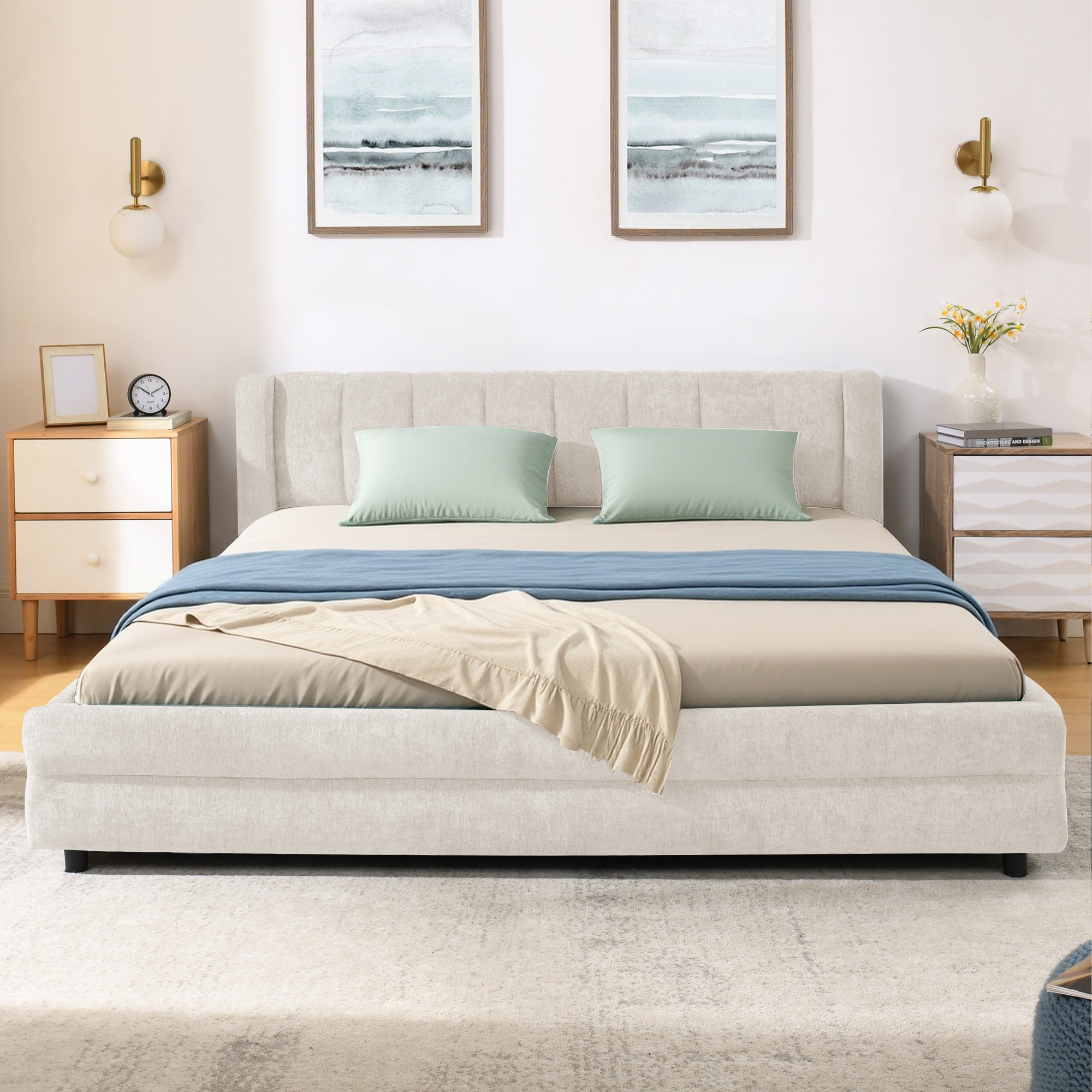 Queen Size Upholstered Bed Frame with Thick Fabric, comfortable upholstered bed frame, Chenille fabric, with headboard and solid bed frame. With drawer for storage-Beige(86''*68.5''*67'') - Image 5