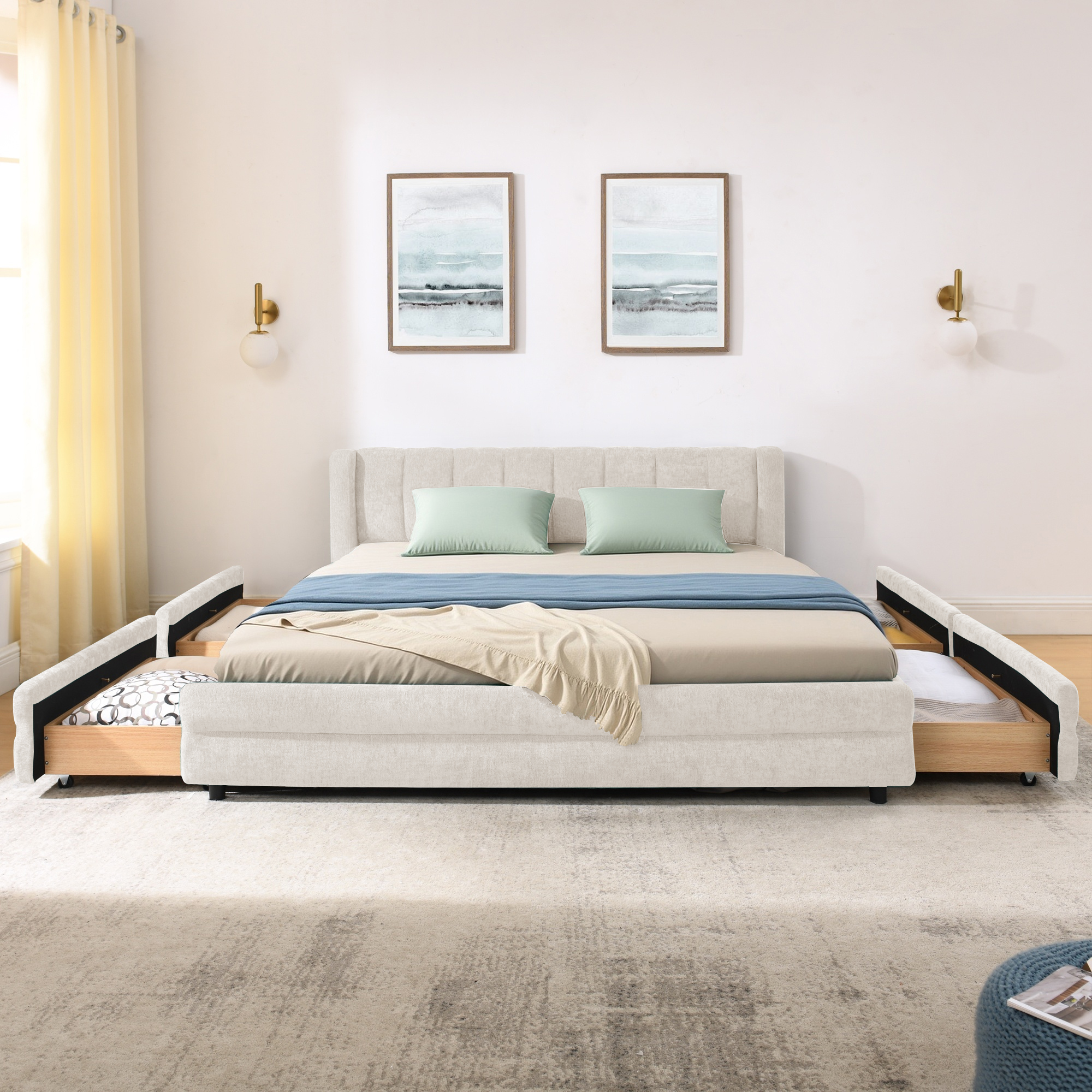 Queen Size Upholstered Bed Frame with Thick Fabric, comfortable upholstered bed frame, Chenille fabric, with headboard and solid bed frame. With drawer for storage-Beige(86''*68.5''*67'') - Image 6