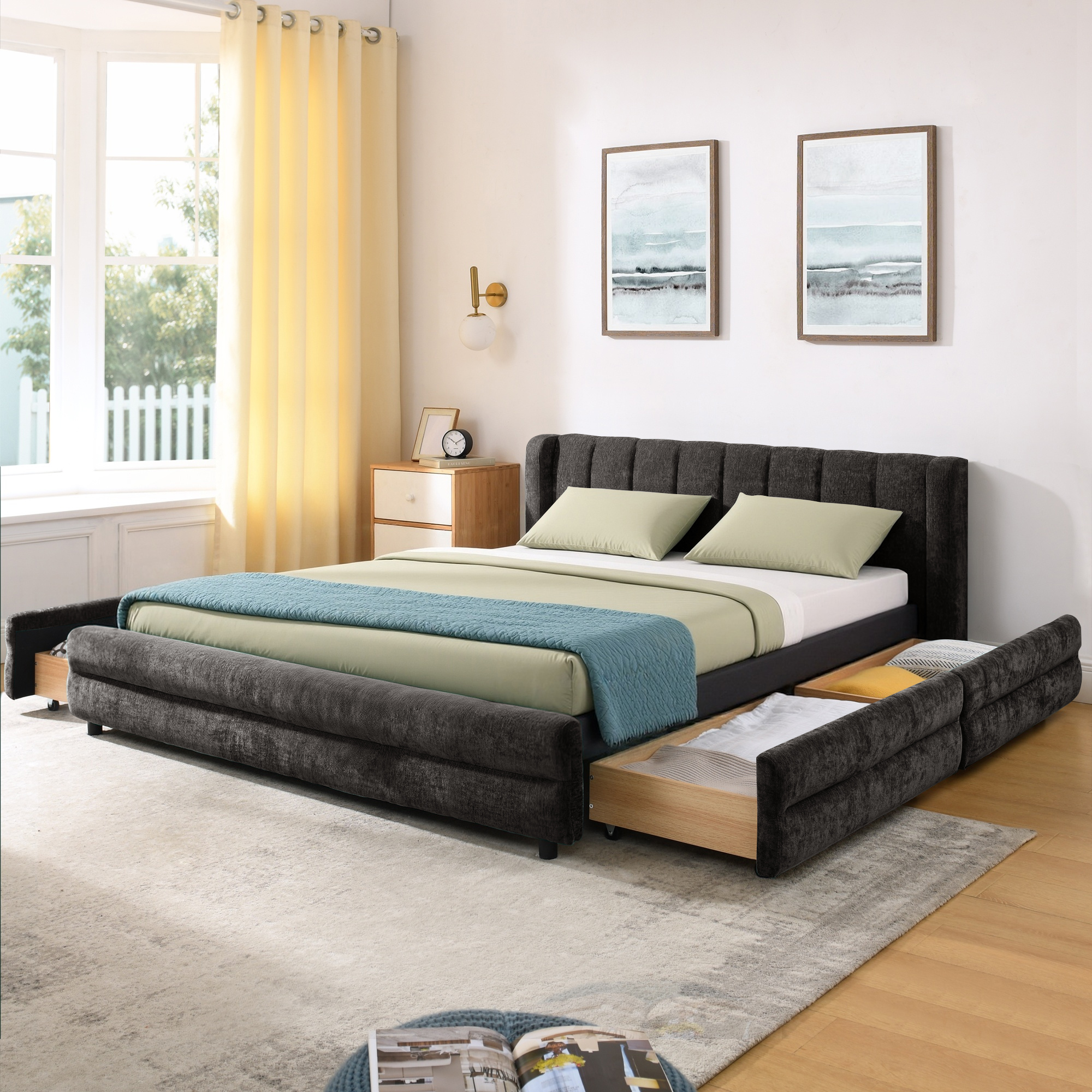 Queen Size Upholstered Bed Frame with Thick Fabric, comfortable upholstered bed frame, Chenille fabric, with headboard and solid bed frame. With drawer for storage-Dark Gray(86”*68.5”*67”)