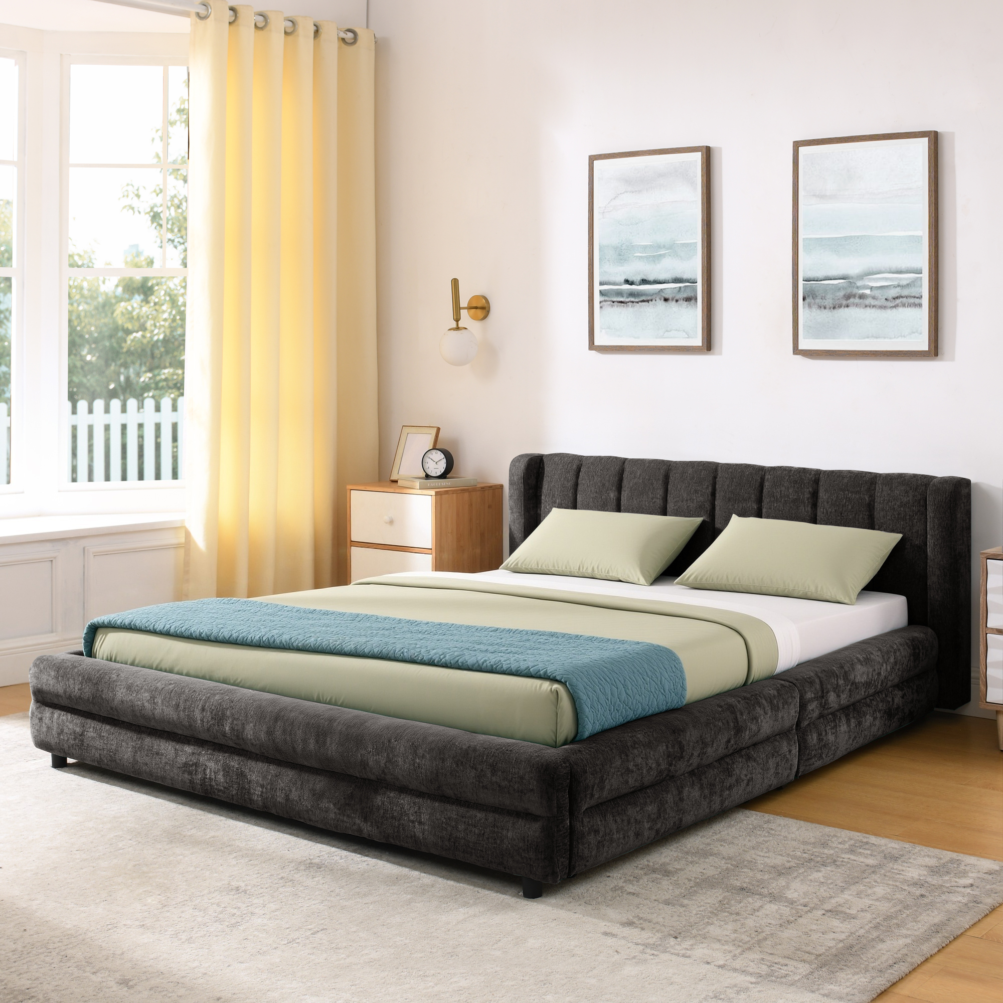 Queen Size Upholstered Bed Frame with Thick Fabric, comfortable upholstered bed frame, Chenille fabric, with headboard and solid bed frame. With drawer for storage-Dark Gray(86''*68.5''*67'') - Image 2