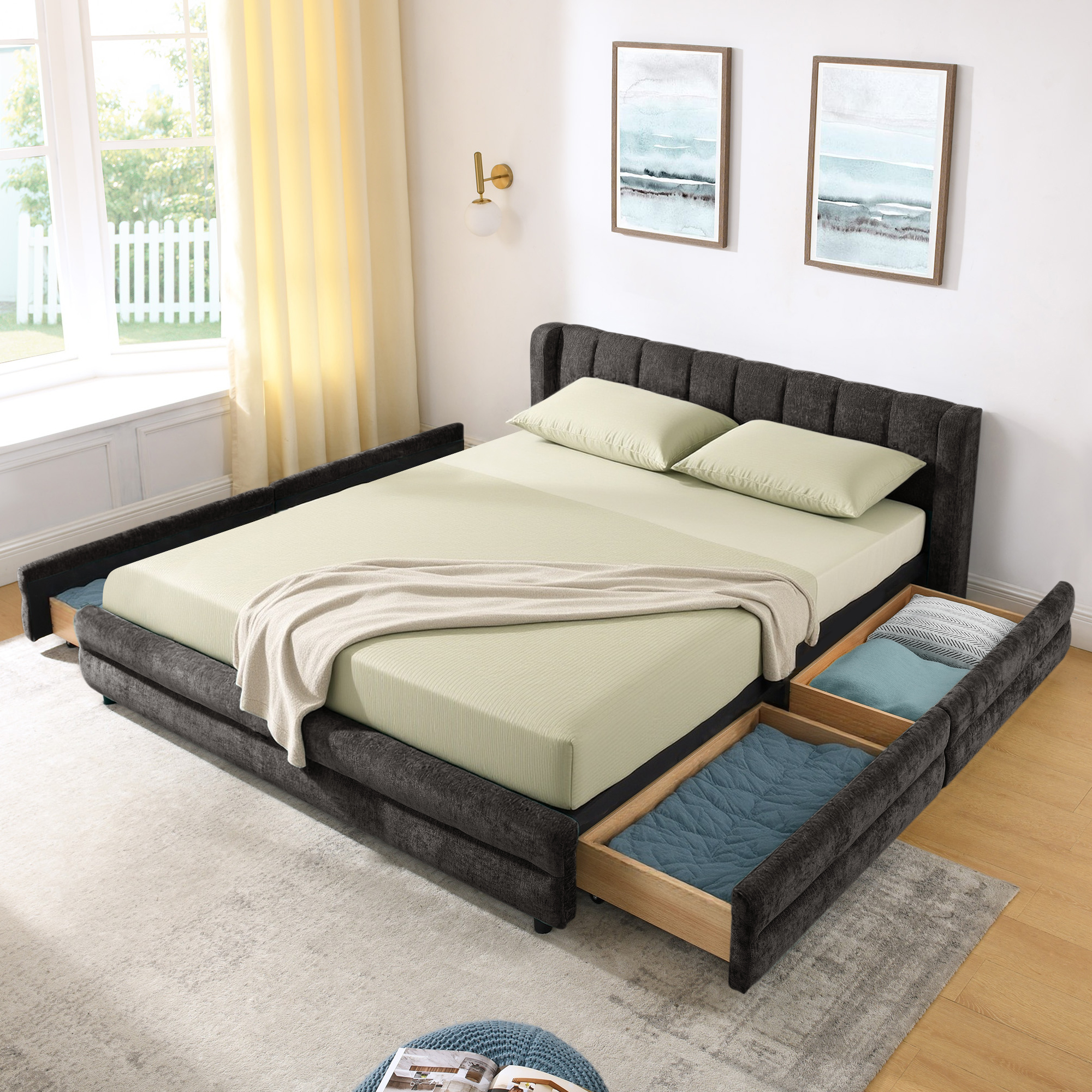 Queen Size Upholstered Bed Frame with Thick Fabric, comfortable upholstered bed frame, Chenille fabric, with headboard and solid bed frame. With drawer for storage-Dark Gray(86''*68.5''*67'') - Image 4