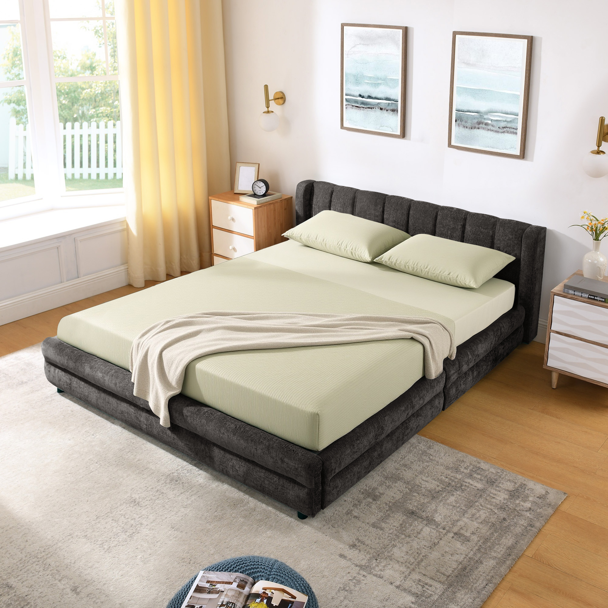 Queen Size Upholstered Bed Frame with Thick Fabric, comfortable upholstered bed frame, Chenille fabric, with headboard and solid bed frame. With drawer for storage-Dark Gray(86''*68.5''*67'') - Image 3