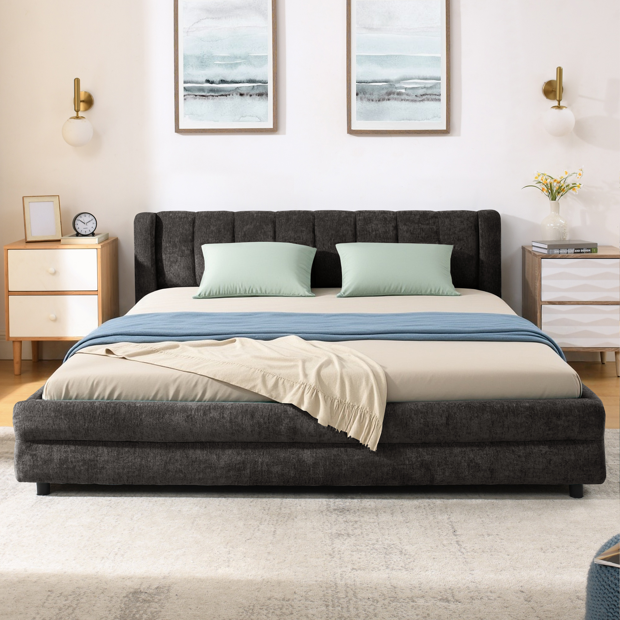 Queen Size Upholstered Bed Frame with Thick Fabric, comfortable upholstered bed frame, Chenille fabric, with headboard and solid bed frame. With drawer for storage-Dark Gray(86''*68.5''*67'') - Image 5