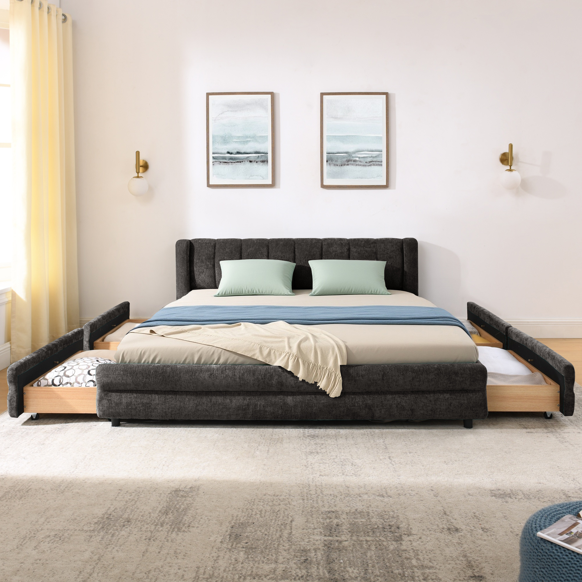 Queen Size Upholstered Bed Frame with Thick Fabric, comfortable upholstered bed frame, Chenille fabric, with headboard and solid bed frame. With drawer for storage-Dark Gray(86''*68.5''*67'') - Image 6