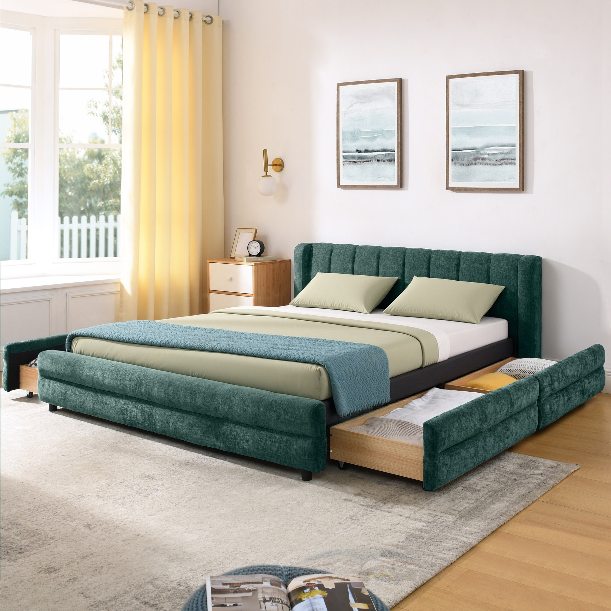 Queen Size Upholstered Bed Frame with Thick Fabric, comfortable upholstered bed frame, Chenille fabric, with headboard and solid bed frame. With drawer for storage-Blue+Green(86''*68.5''*67'') - Image 1