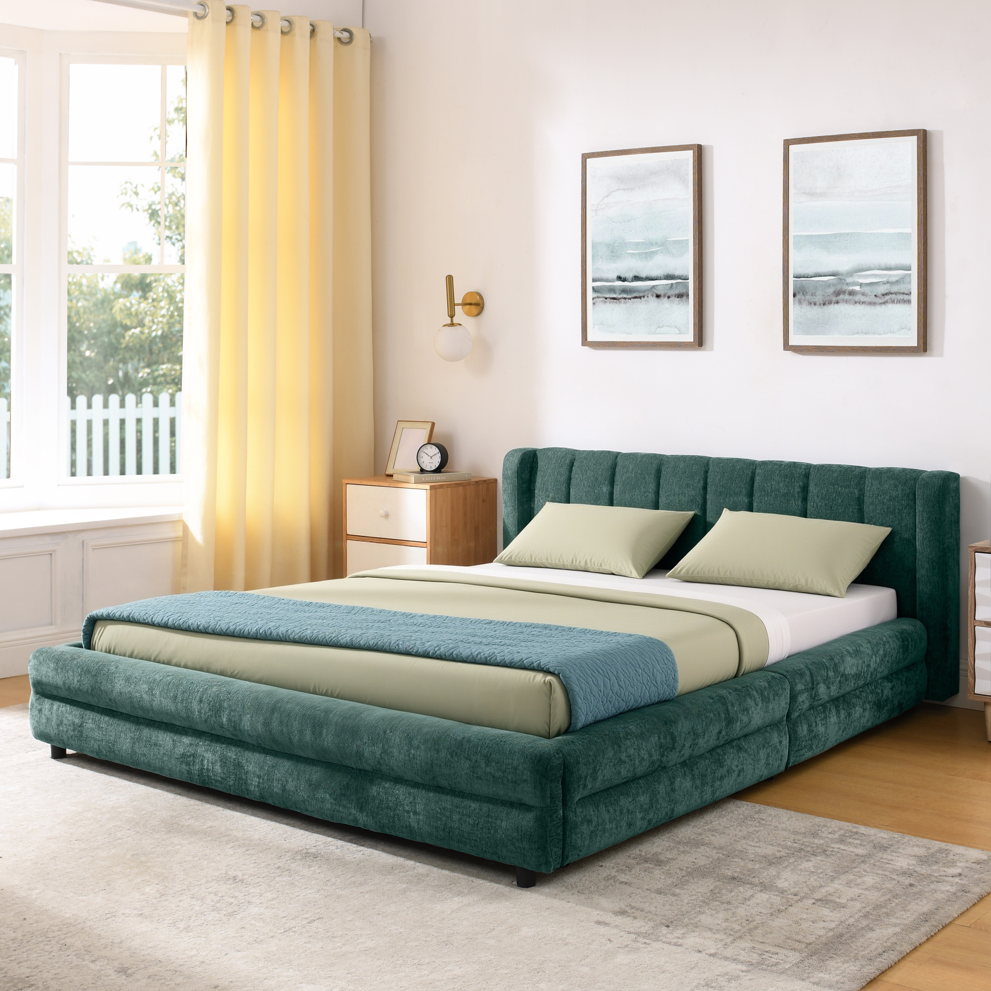 Queen Size Upholstered Bed Frame with Thick Fabric, comfortable upholstered bed frame, Chenille fabric, with headboard and solid bed frame. With drawer for storage-Blue+Green(86''*68.5''*67'') - Image 2