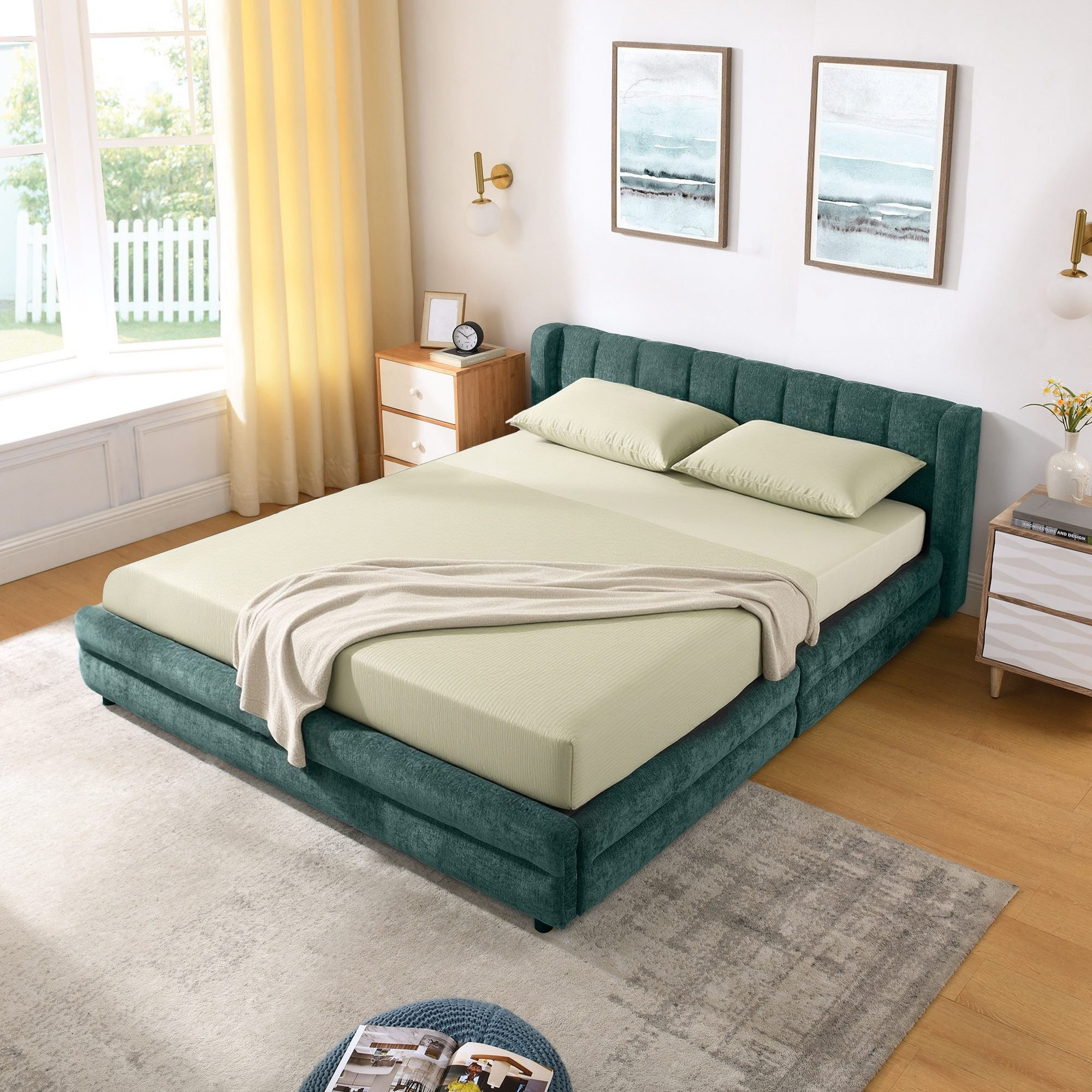 Queen Size Upholstered Bed Frame with Thick Fabric, comfortable upholstered bed frame, Chenille fabric, with headboard and solid bed frame. With drawer for storage-Blue+Green(86''*68.5''*67'') - Image 3