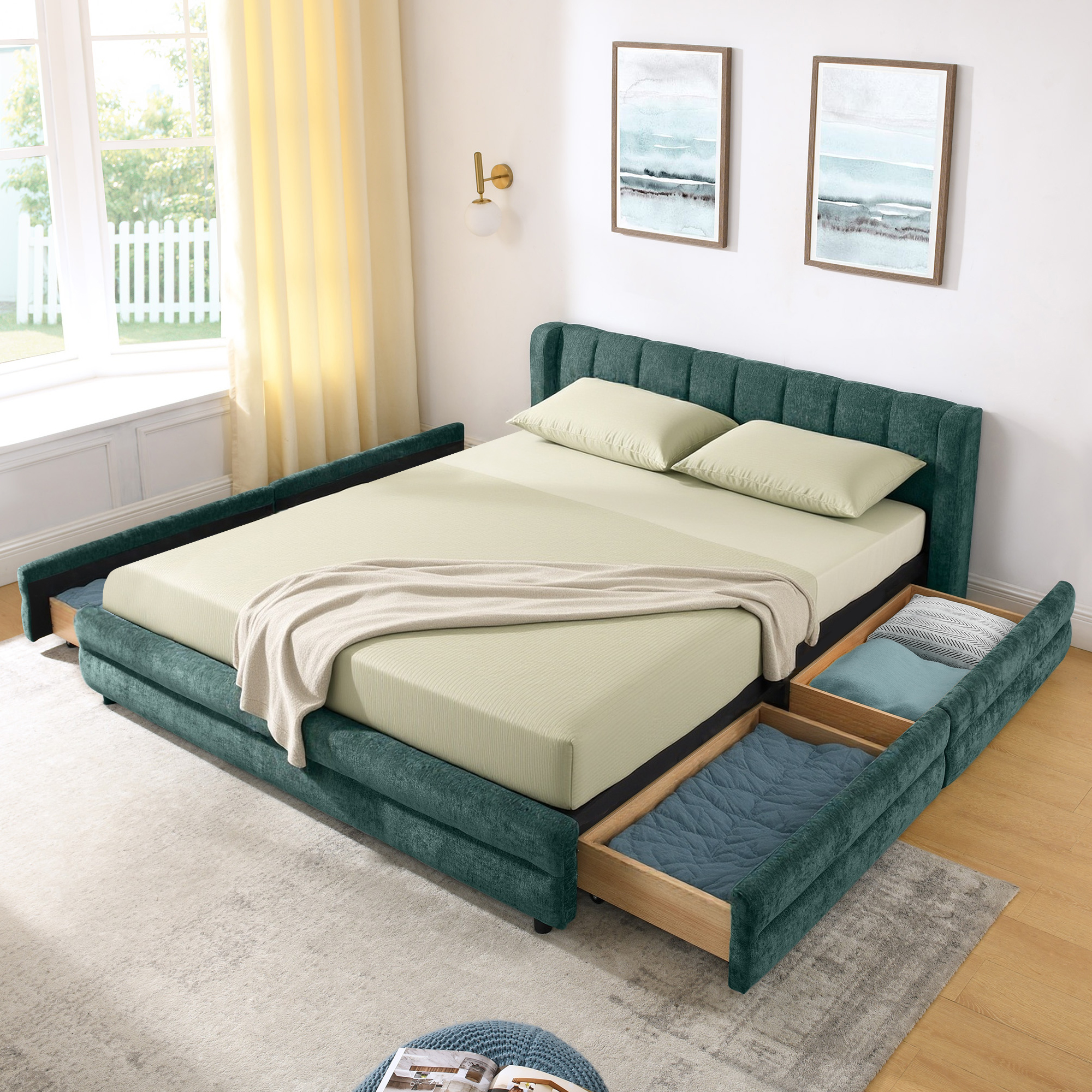 Queen Size Upholstered Bed Frame with Thick Fabric, comfortable upholstered bed frame, Chenille fabric, with headboard and solid bed frame. With drawer for storage-Blue+Green(86''*68.5''*67'') - Image 4