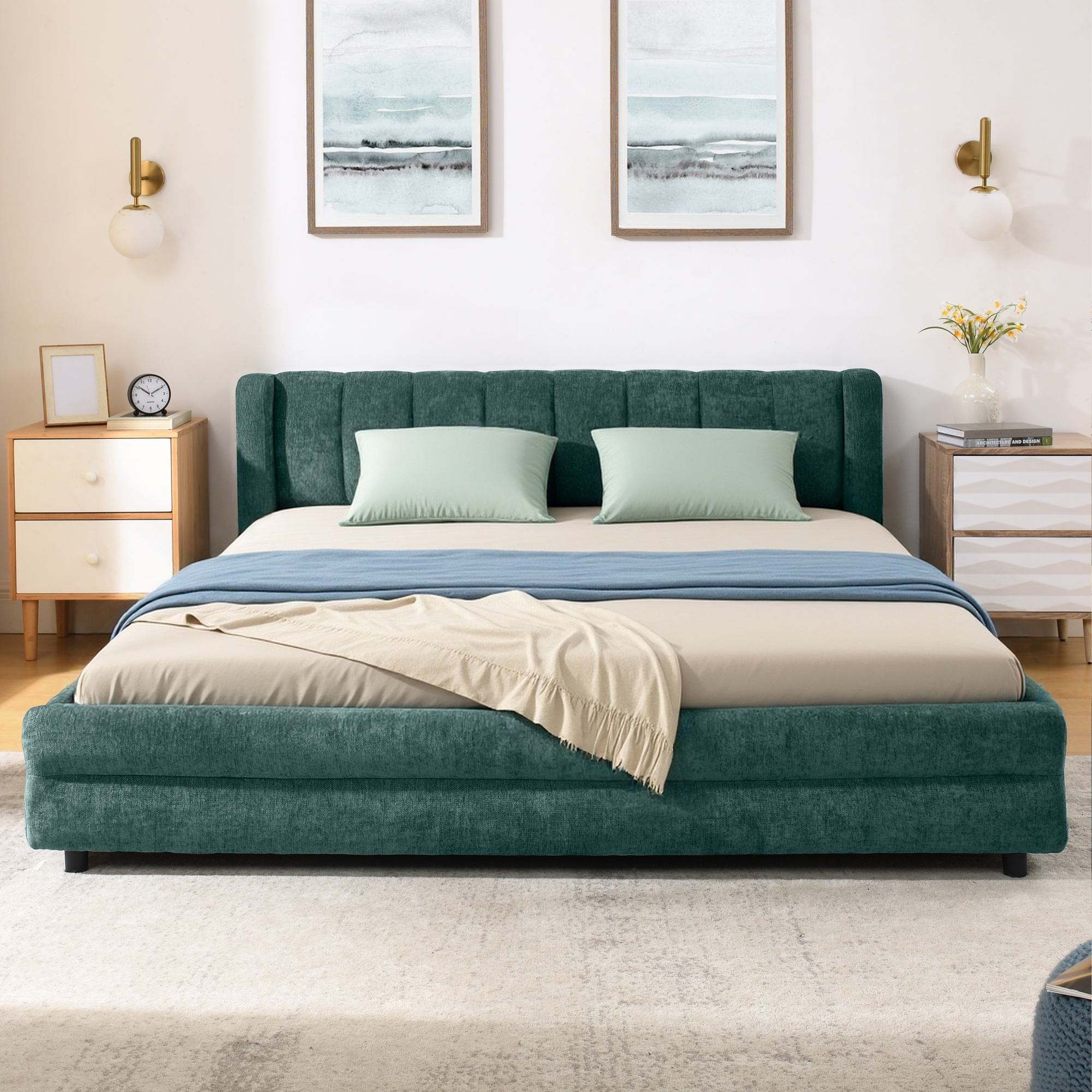 Queen Size Upholstered Bed Frame with Thick Fabric, comfortable upholstered bed frame, Chenille fabric, with headboard and solid bed frame. With drawer for storage-Blue+Green(86''*68.5''*67'') - Image 5