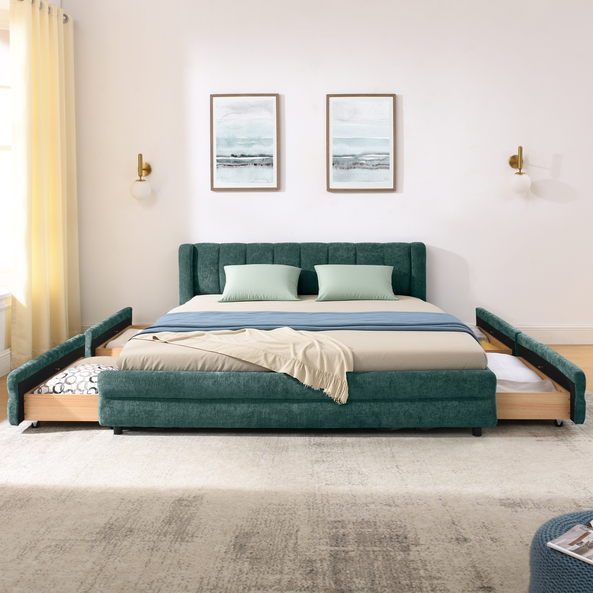 Queen Size Upholstered Bed Frame with Thick Fabric, comfortable upholstered bed frame, Chenille fabric, with headboard and solid bed frame. With drawer for storage-Blue+Green(86''*68.5''*67'') - Image 6