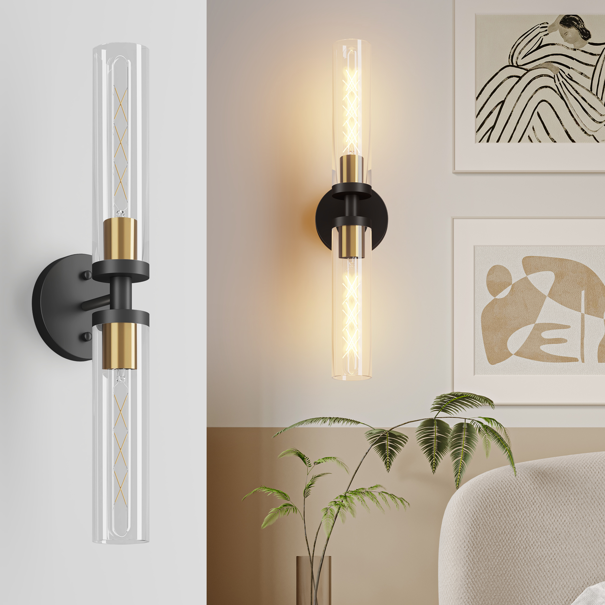 Wall Sconces Set of Two, Black and Gold Bathroom Sconces Wall Lighting with Clear Glass, Modern Sconces Wall Decor Set of 2 Wall Light fixtures for Bathroom Mirror Living Room Hallway Bedroom - Image 3