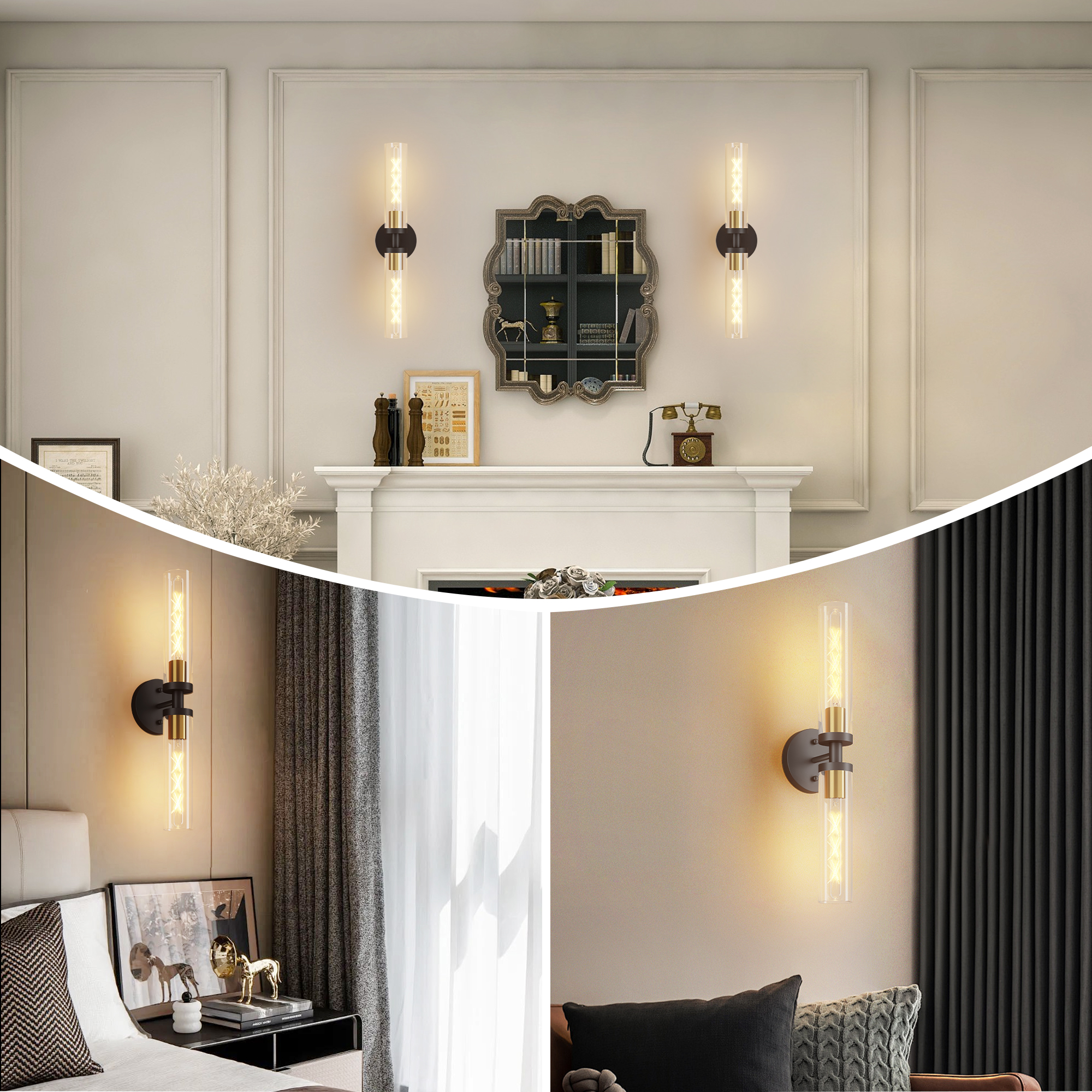 Wall Sconces Set of Two, Black and Gold Bathroom Sconces Wall Lighting with Clear Glass, Modern Sconces Wall Decor Set of 2 Wall Light fixtures for Bathroom Mirror Living Room Hallway Bedroom - Image 4