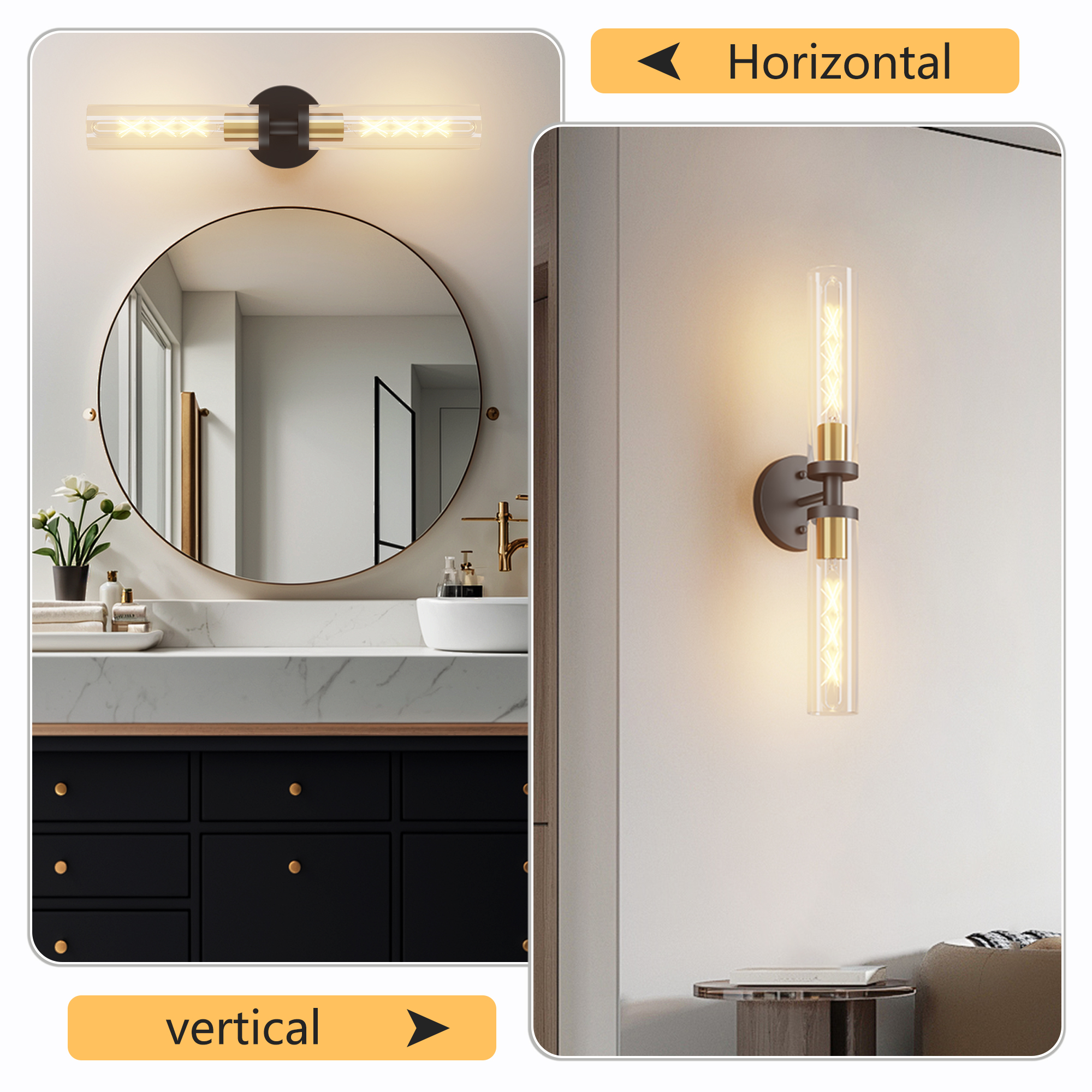 Wall Sconces Set of Two, Black and Gold Bathroom Sconces Wall Lighting with Clear Glass, Modern Sconces Wall Decor Set of 2 Wall Light fixtures for Bathroom Mirror Living Room Hallway Bedroom - Image 5