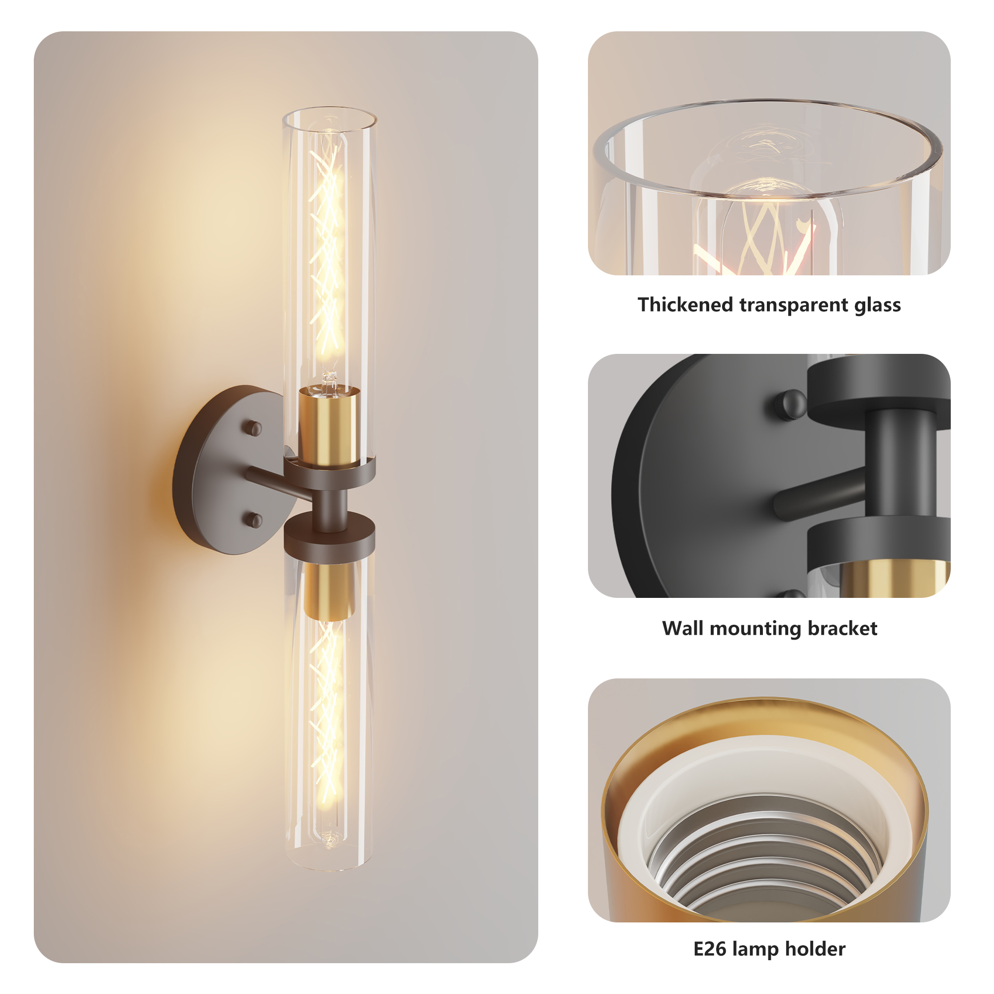 Wall Sconces Set of Two, Black and Gold Bathroom Sconces Wall Lighting with Clear Glass, Modern Sconces Wall Decor Set of 2 Wall Light fixtures for Bathroom Mirror Living Room Hallway Bedroom - Image 6