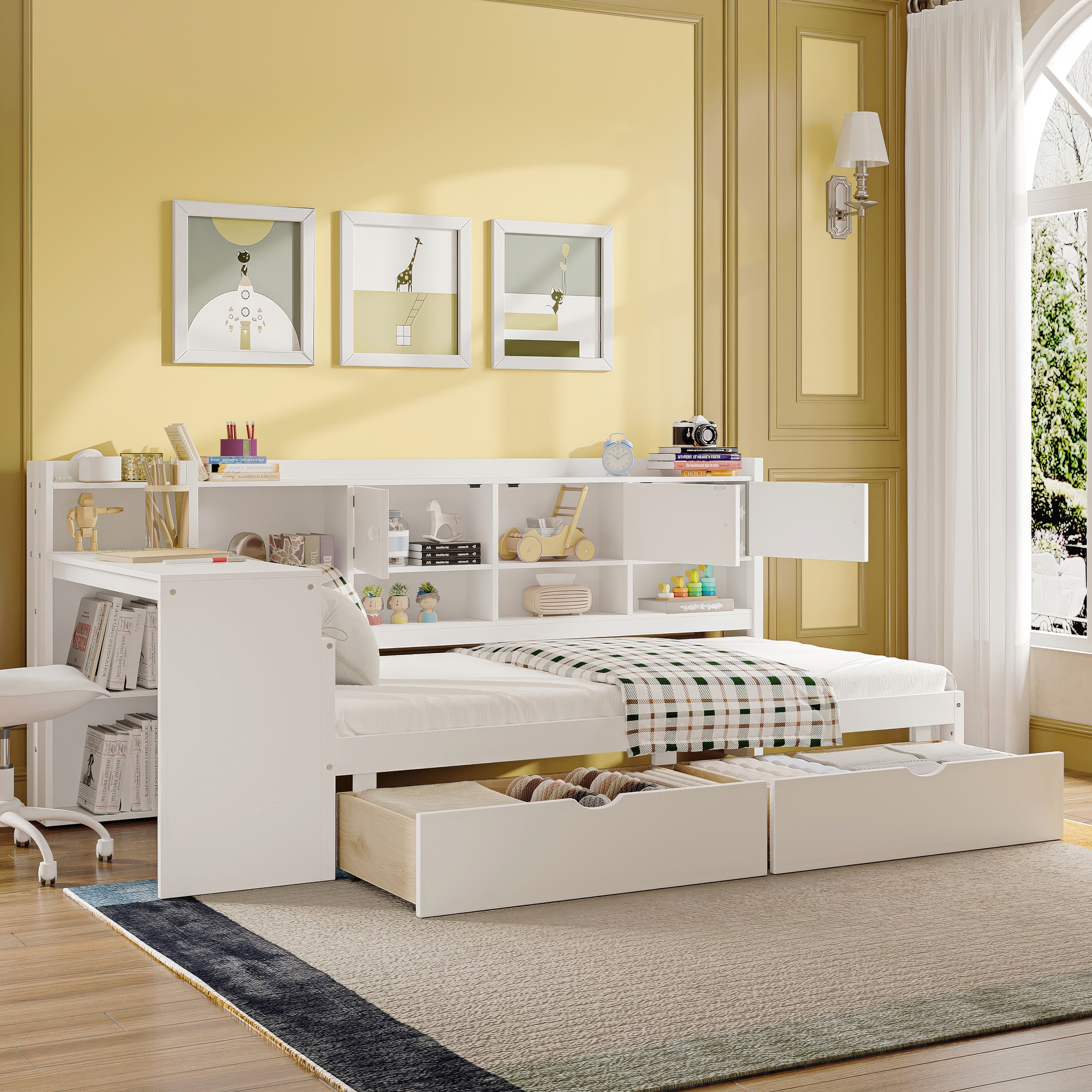 Wooden L-Shape Daybed with Seven Storage Cabinets and Two Storage Drawers, Multi-functional Bed with Study Desk and Built-in Bookshelf, White(Old SKU:N733S247070K) - Image 2