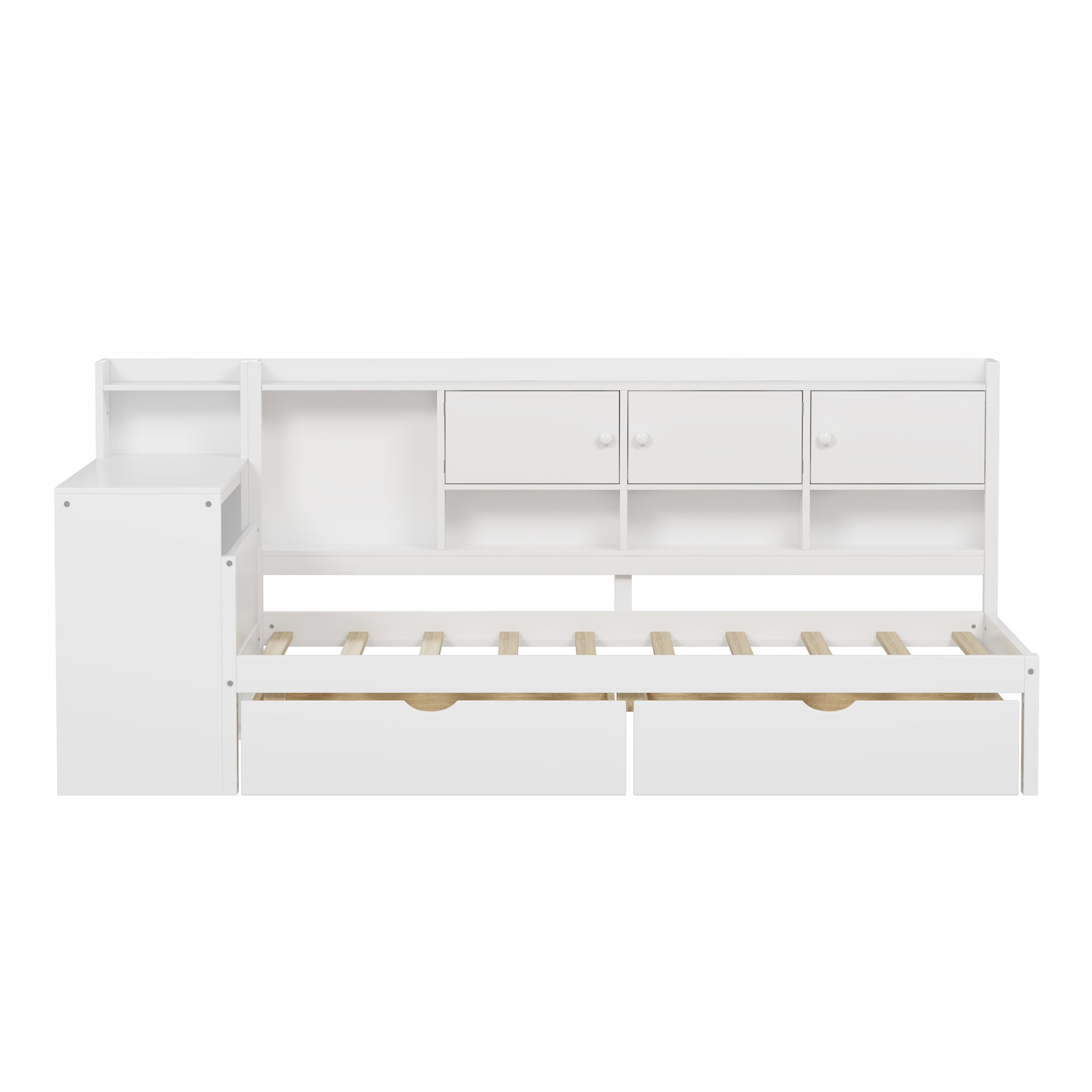 Wooden L-Shape Daybed with Seven Storage Cabinets and Two Storage Drawers, Multi-functional Bed with Study Desk and Built-in Bookshelf, White(Old SKU:N733S247070K) - Image 3