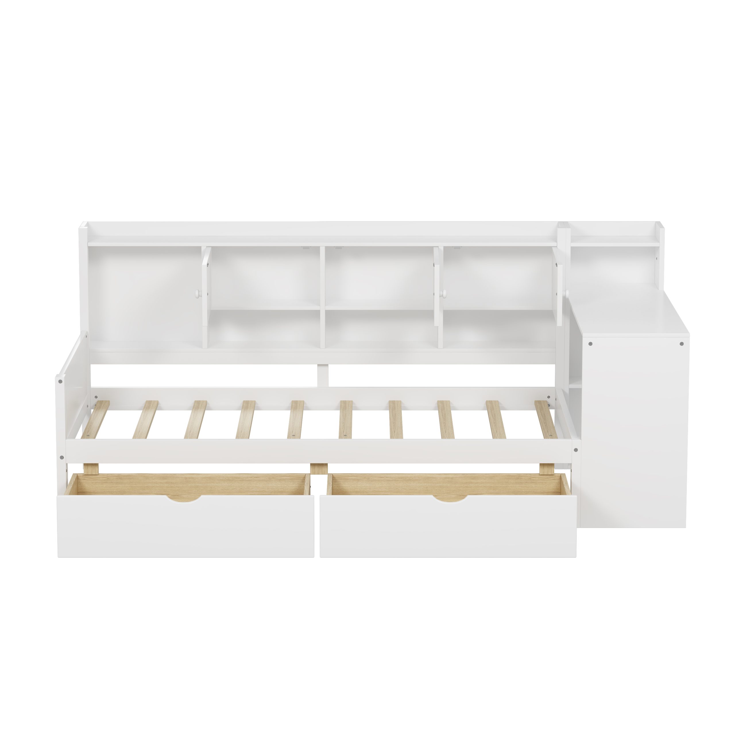 Wooden L-Shape Daybed with Seven Storage Cabinets and Two Storage Drawers, Multi-functional Bed with Study Desk and Built-in Bookshelf, White(Old SKU:N733S247070K) - Image 4