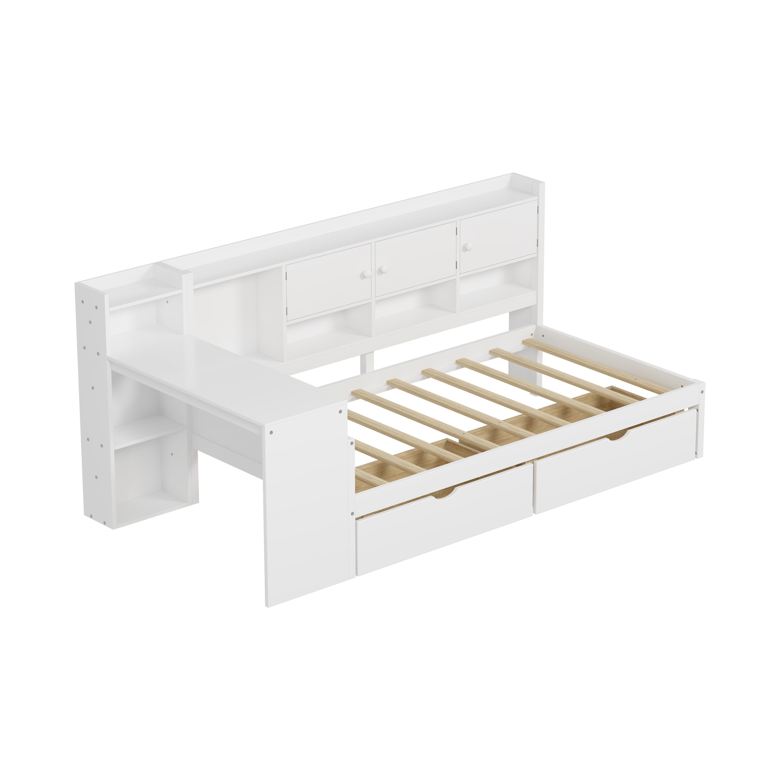 Wooden L-Shape Daybed with Seven Storage Cabinets and Two Storage Drawers, Multi-functional Bed with Study Desk and Built-in Bookshelf, White(Old SKU:N733S247070K) - Image 5
