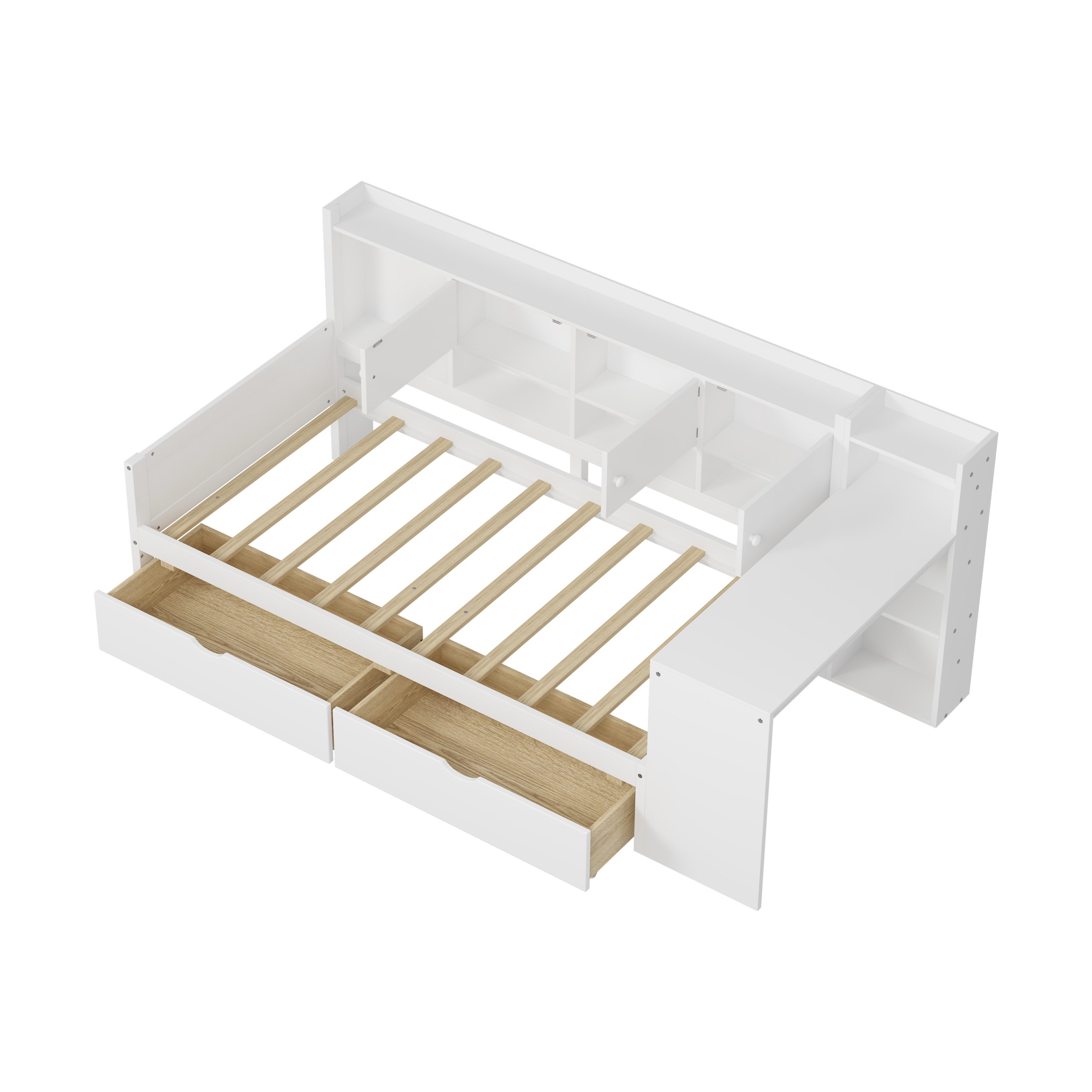 Wooden L-Shape Daybed with Seven Storage Cabinets and Two Storage Drawers, Multi-functional Bed with Study Desk and Built-in Bookshelf, White(Old SKU:N733S247070K) - Image 6