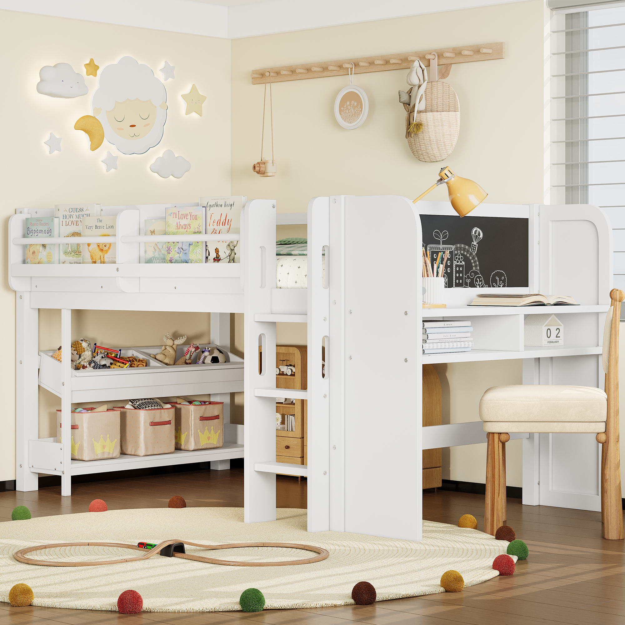 Twin Loft Bed with Multi-storage Bookcases, Boxes and Drawers, Solid Wood Low Loft Beds with Desk and Blackboard, No Box Spring Needed, White